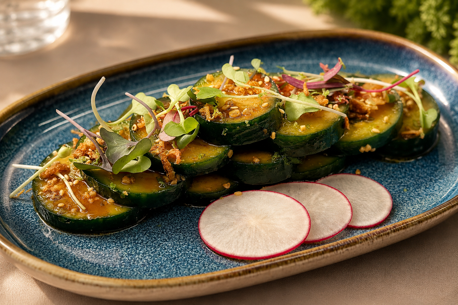 Thick-cut cucumber coins tossed in a spicy garlic ponzu sauce. Topped with sesame seeds, crispy aromatics, and fresh micro-greens, served alongside thinly shaved radish rounds.