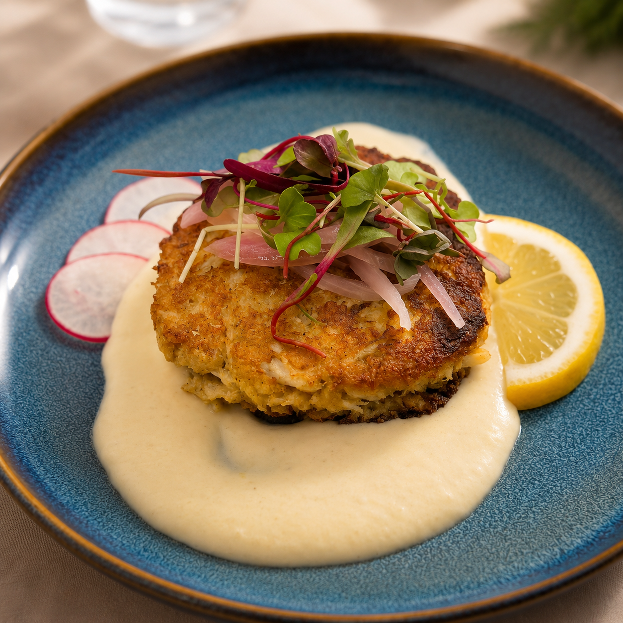 Golden, tender Jumbo Lump Crab Cake perched over a silky lemon-garlic horseradish sauce, crowned with bright pickled red onions and peppery micro-radish for a luxurious, flavor-packed bite.