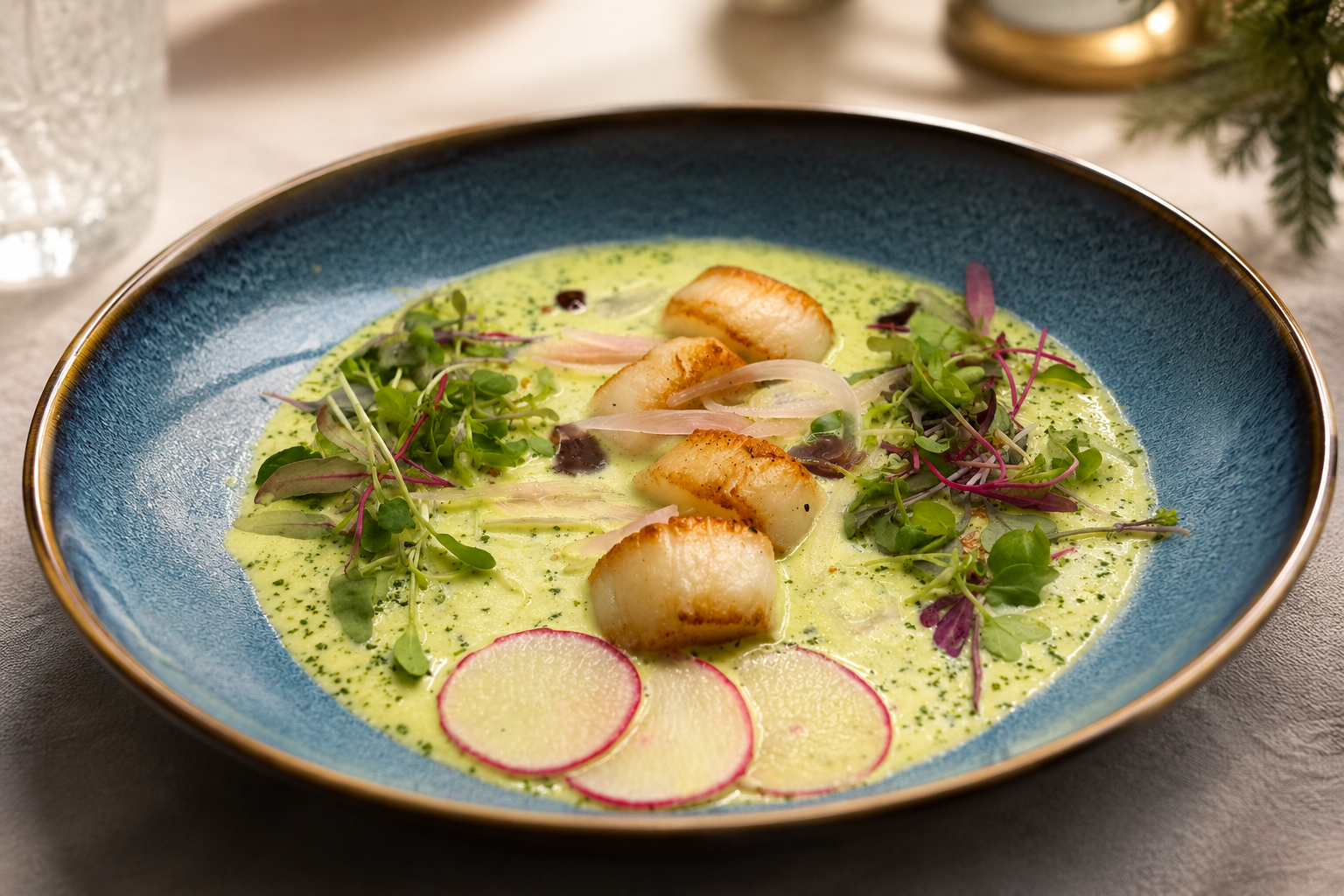 Perfectly seared scallops nestled in a vibrant Serrano-Cilantro sauce, accented with pickled shallots, crisp microgreens, and delicate radish rounds to create depth and visual drama.