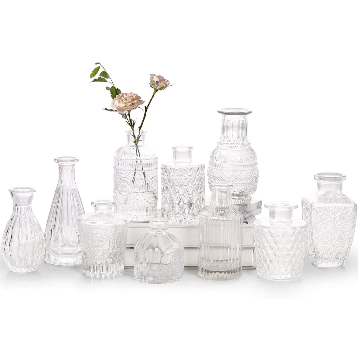 Collection of clear glass vases and containers with one pink flower in a vase