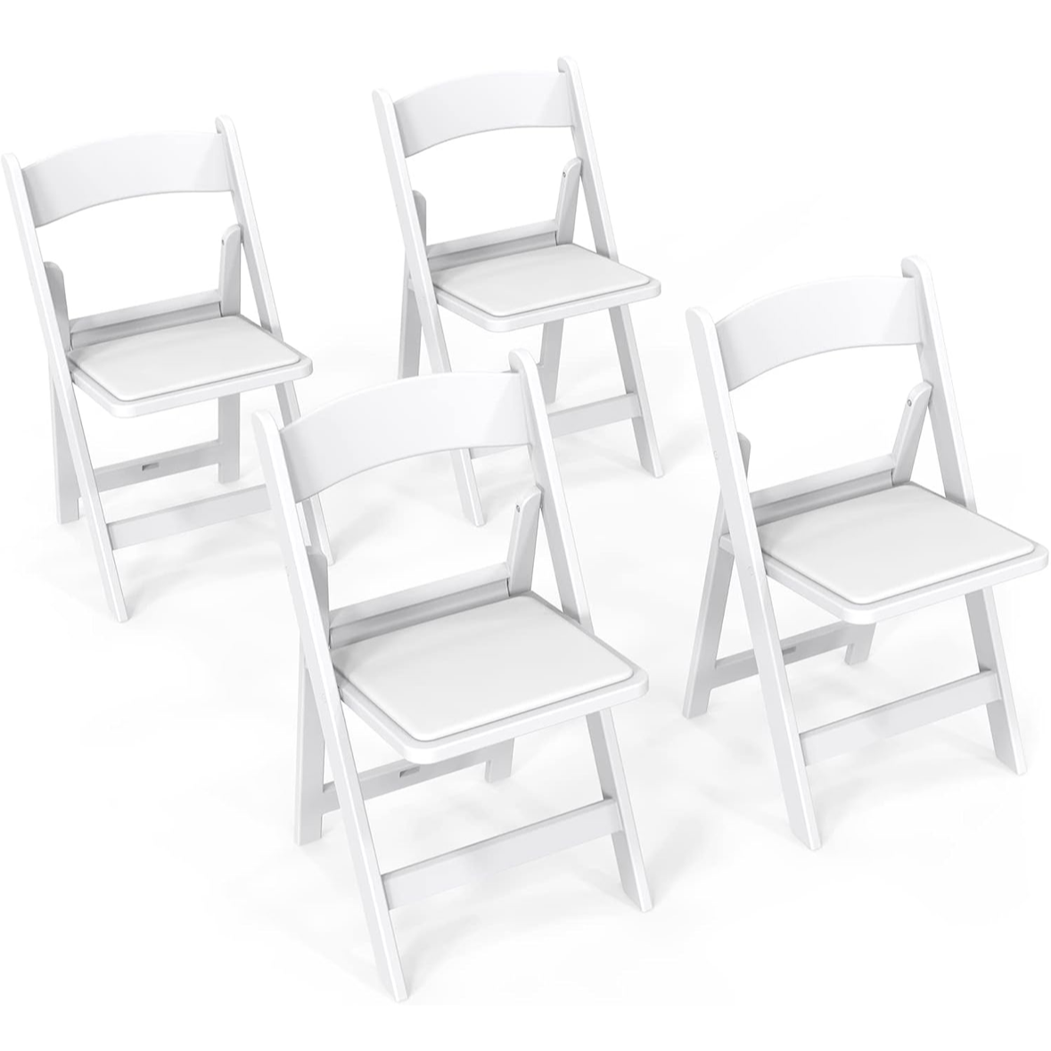 Four white folding chairs with padded seats arranged on a white background.