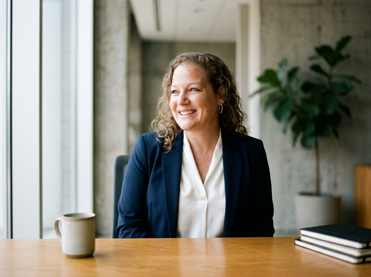 A woman in a navy blazer and white blouse sitting at a wooden table, smiling, near a window with a coffee mug and stack of notebooks.