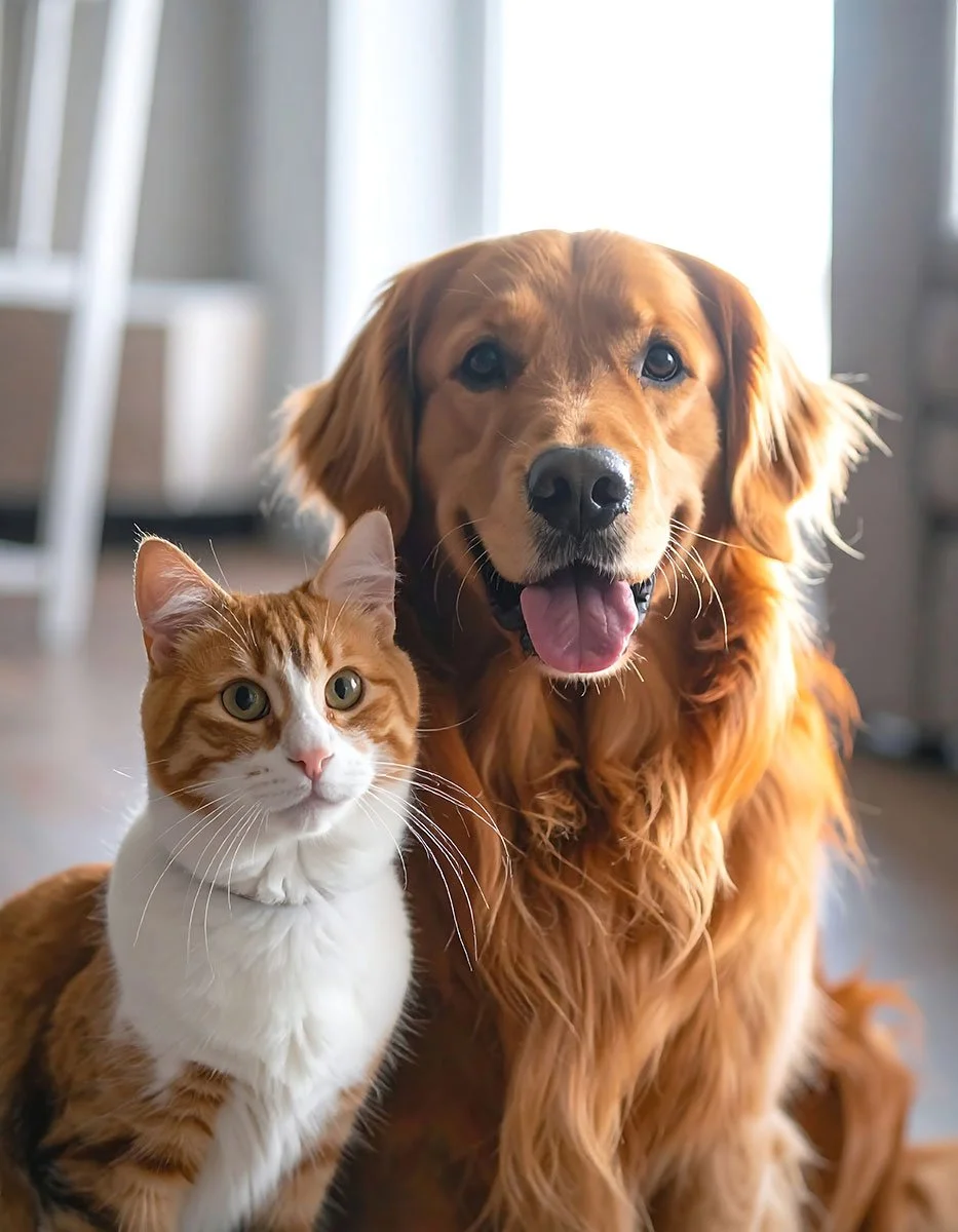 Golden retriever dog and a calico orange cat sitting together.