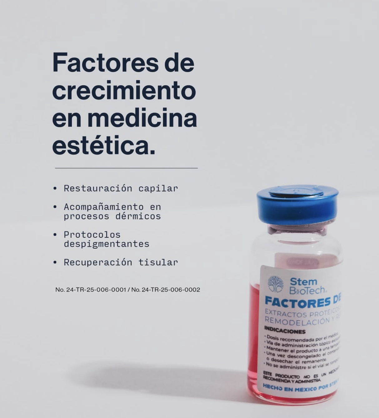 A medical flyer in Spanish discussing growth factors in aesthetic medicine, with a blue-capped vial of a medical product on the right side.