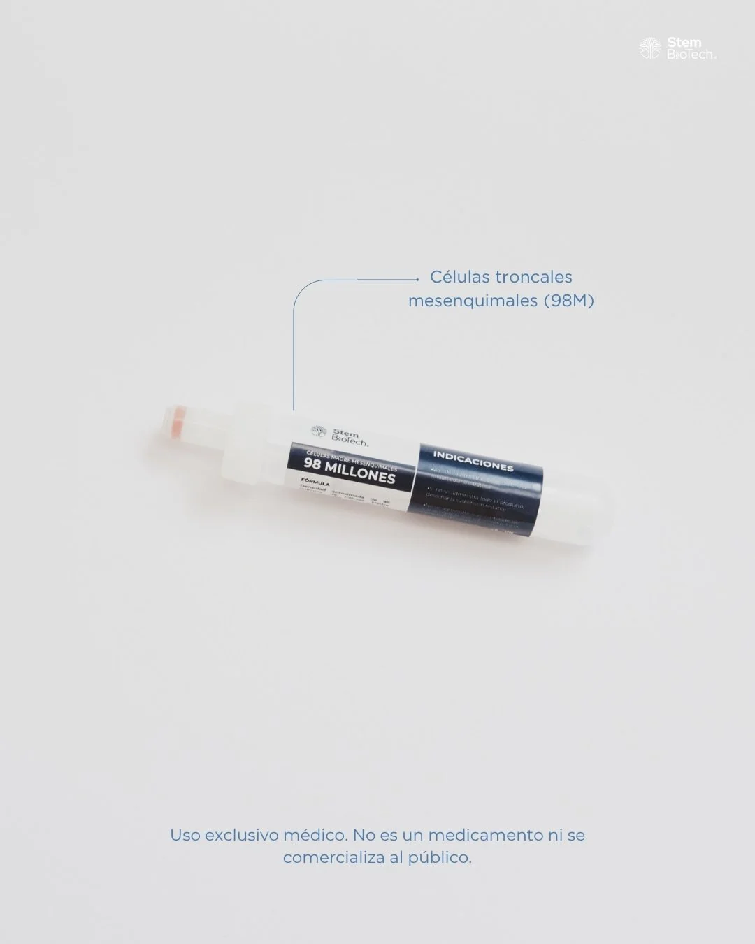 A medical syringe with a label indicating 98 million mesenchymal stem cells. The syringe is white with a black and white label, lying on a white background. There is a small logo in the top right corner that reads 'Stem Biotech' and some text in Spanish at the bottom stating the product is for exclusive medical use and not for commercial sale.