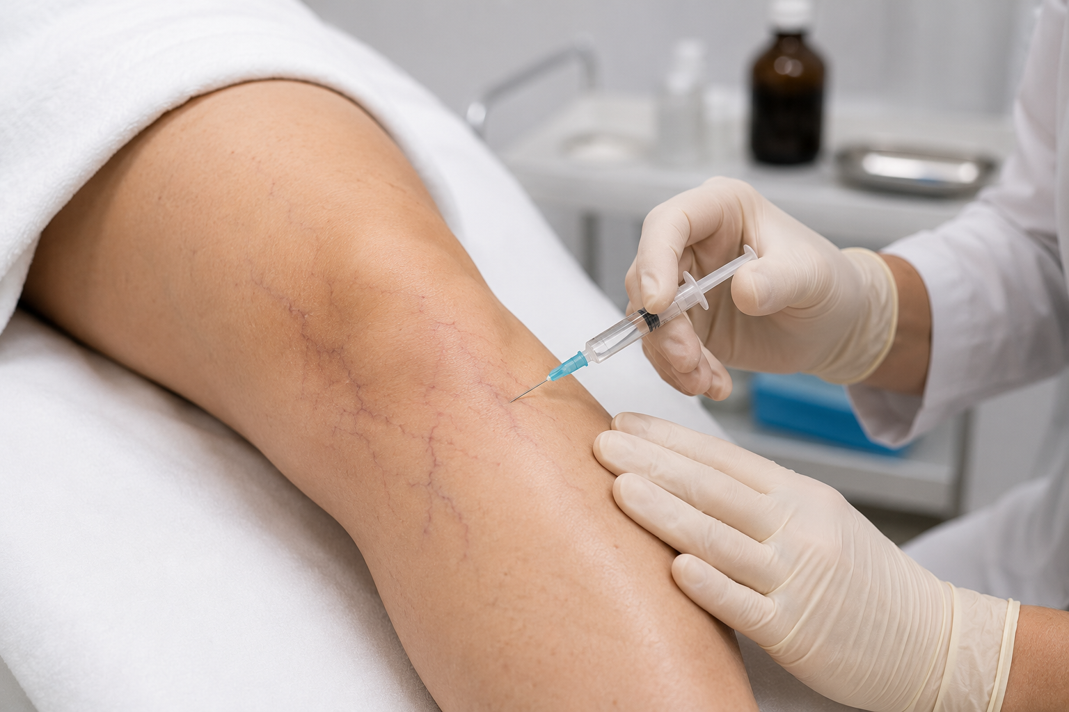 A healthcare professional in gloves administering a syringe injection into a patient's arm with visible varicose veins.