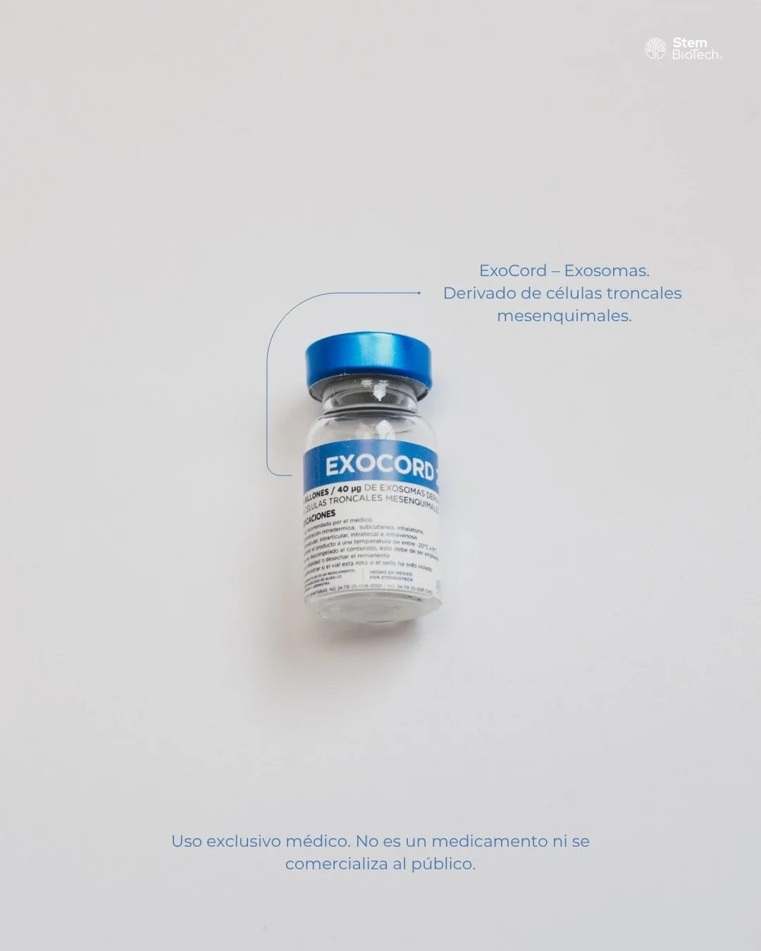 A vial of Exocord, a medication derived from mesenchymal stem cells, with a blue cap and label, placed on a white surface. Text indicates it is an exosome-based product for medical use.