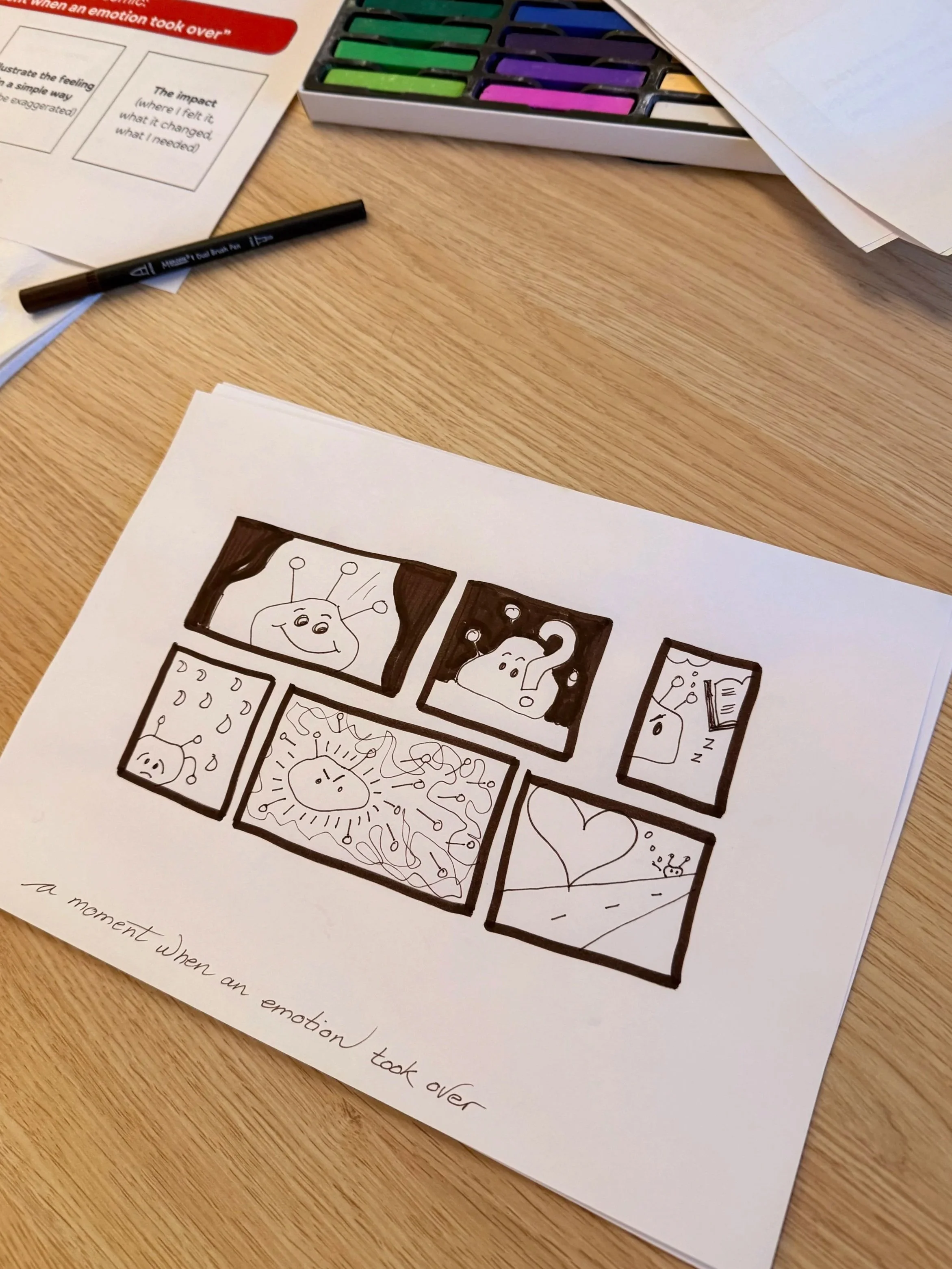 A sheet of paper with black and white comic-style drawings of smiling faces and various weather or emotional scenes, with some handwritten notes in the margins.