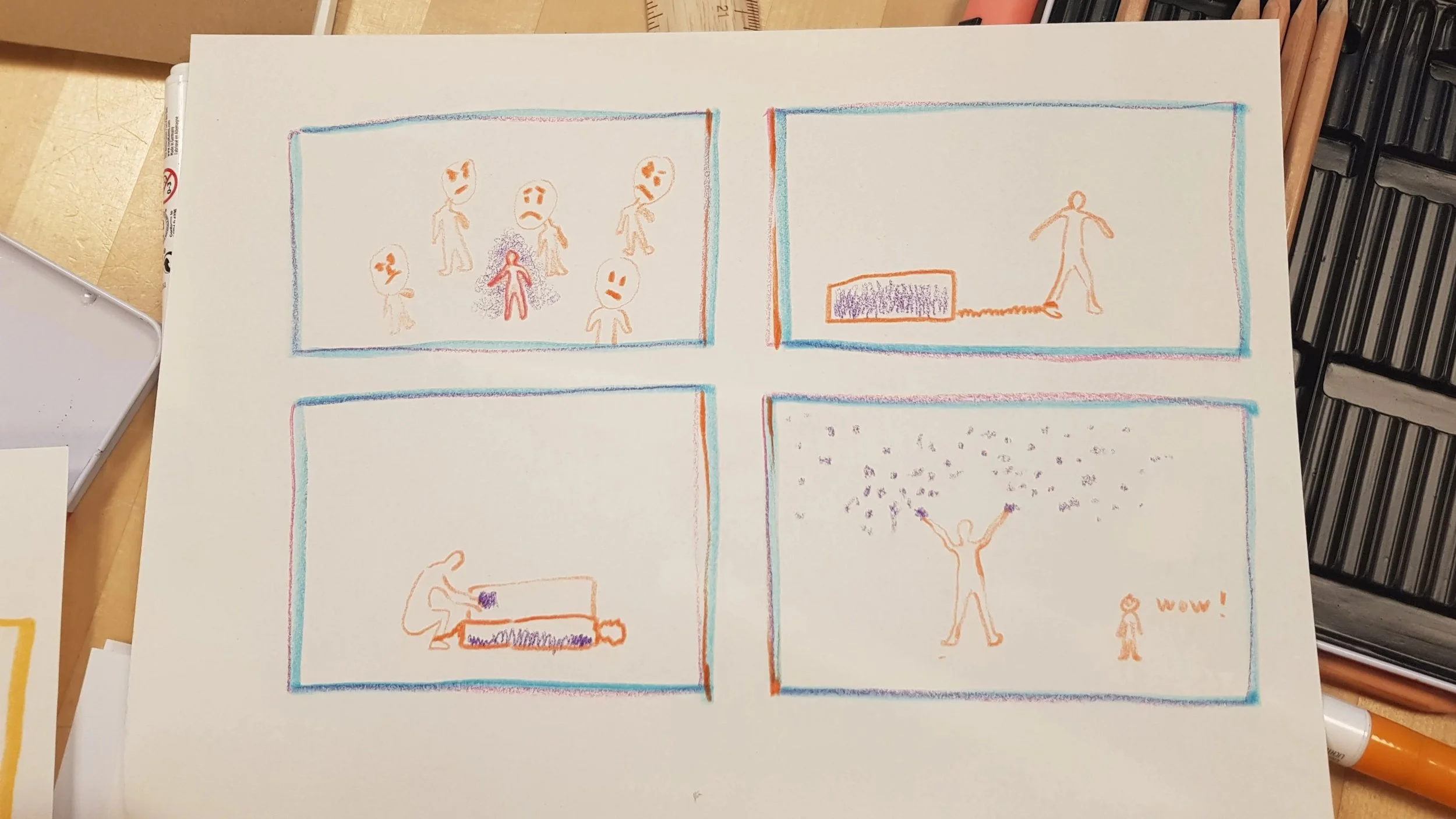 Children's drawings of four different scenes, including children with sad faces, a person with arms raised, a person playing a piano, and a person with arms raised in front of a crowd.