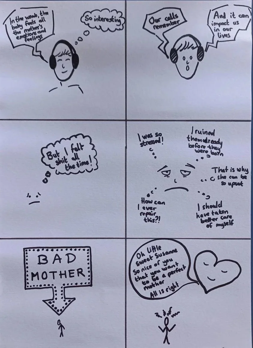 A six-panel comic strip depicting a woman's thoughts about her relationship with her mother. The woman is shown wearing headphones and contemplating the emotional impact and her feelings of guilt and regret about her relationship. The last panel show