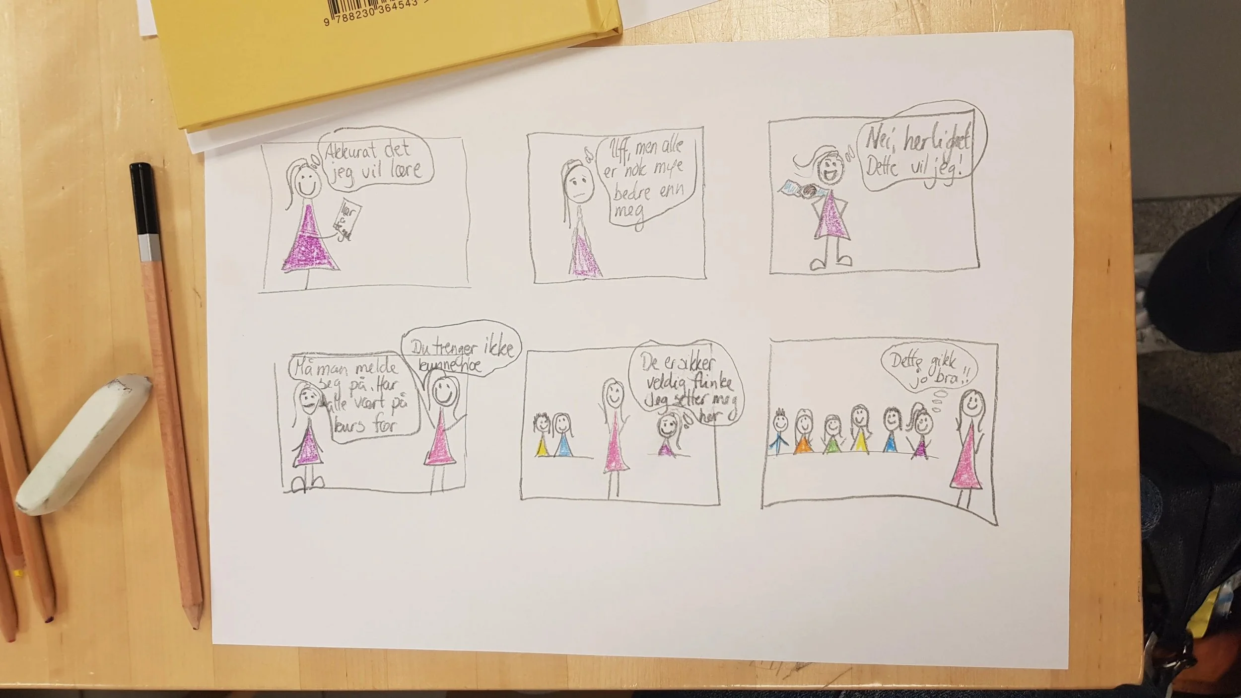 A hand-drawn comic strip on a white sheet of paper features multiple panels with stick figures, mostly women, with colorful dresses and speech bubbles in Norwegian. The comic involves dialogue about a hairdresser and a humorous situation.
