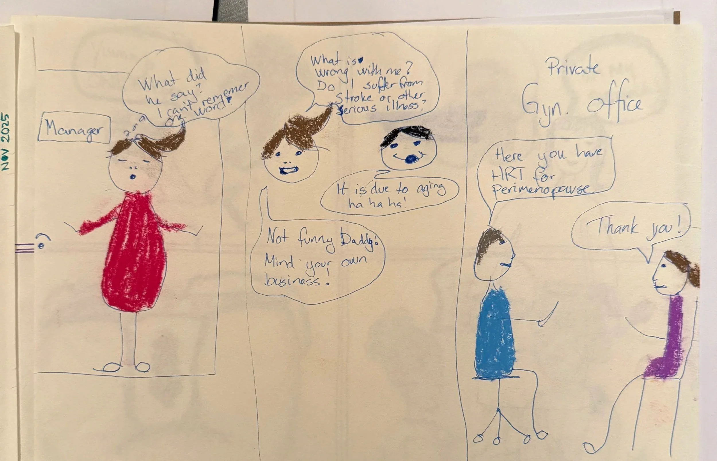 A drawn comic strip on paper featuring three characters in a doctor's office. The first character, labeled 'Manager,' is a woman in a red dress speaking with a worried expression. The second character, with spiky hair, asks about symptoms and suggest