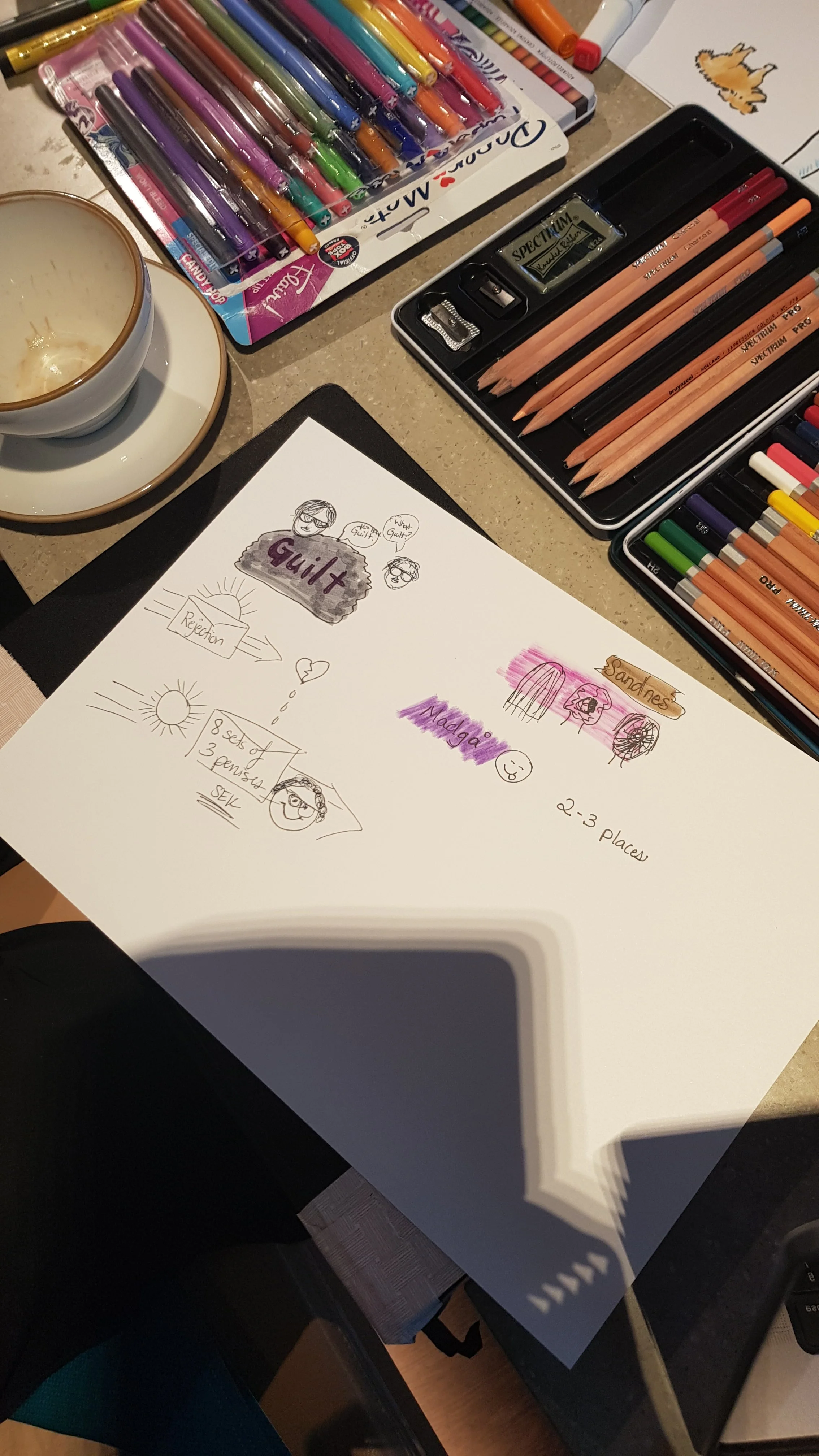 A desk with colorful markers, colored pencils, a notebook with handwritten notes and sketches, a cup with a small amount of coffee or tea, and some papers, including one with a small drawing of a fox.