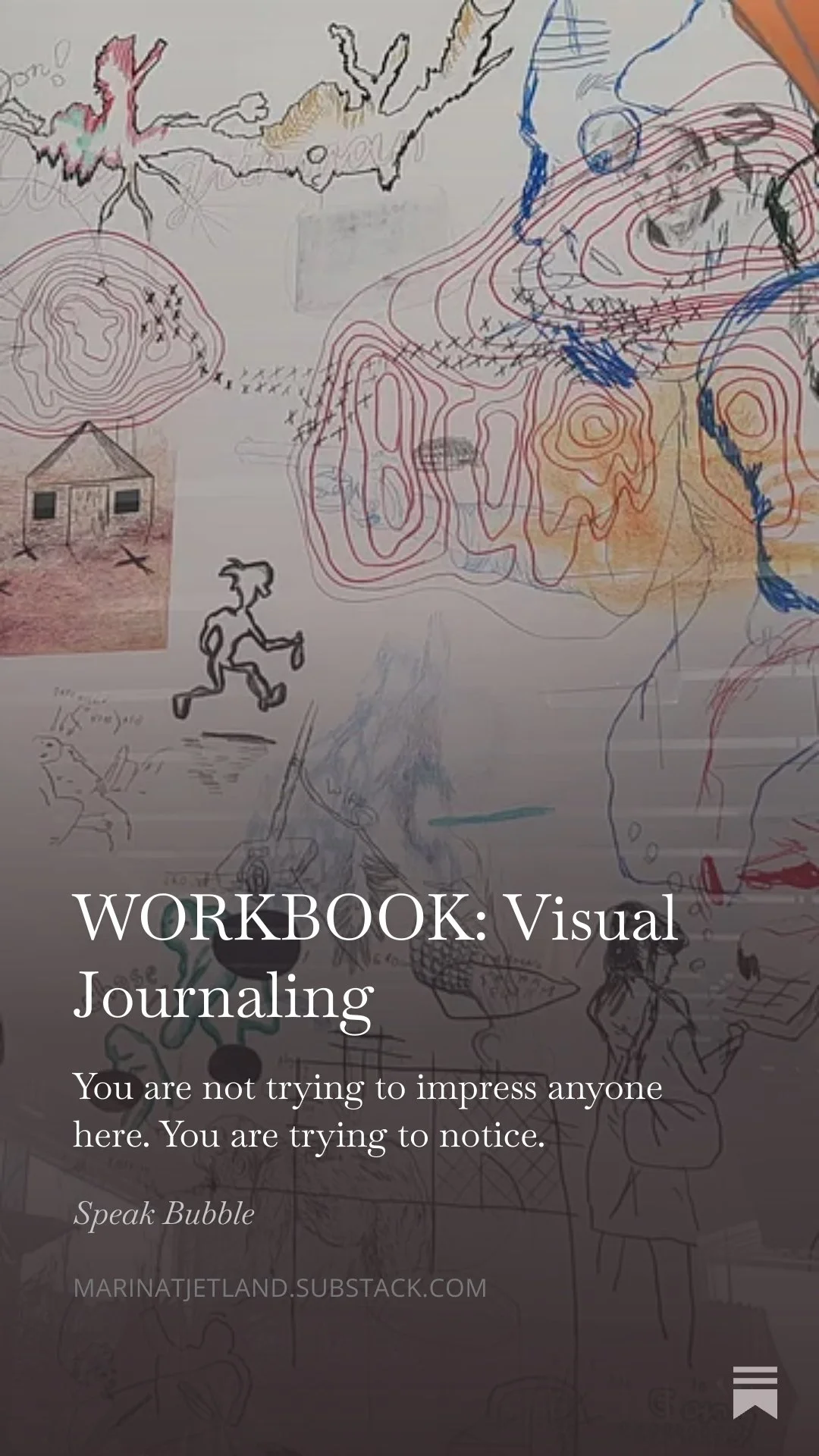 Colorful, abstract drawings and sketches on paper, including contour lines, a profile of a person's face, a house, an animal, and other miscellaneous doodles and markings.