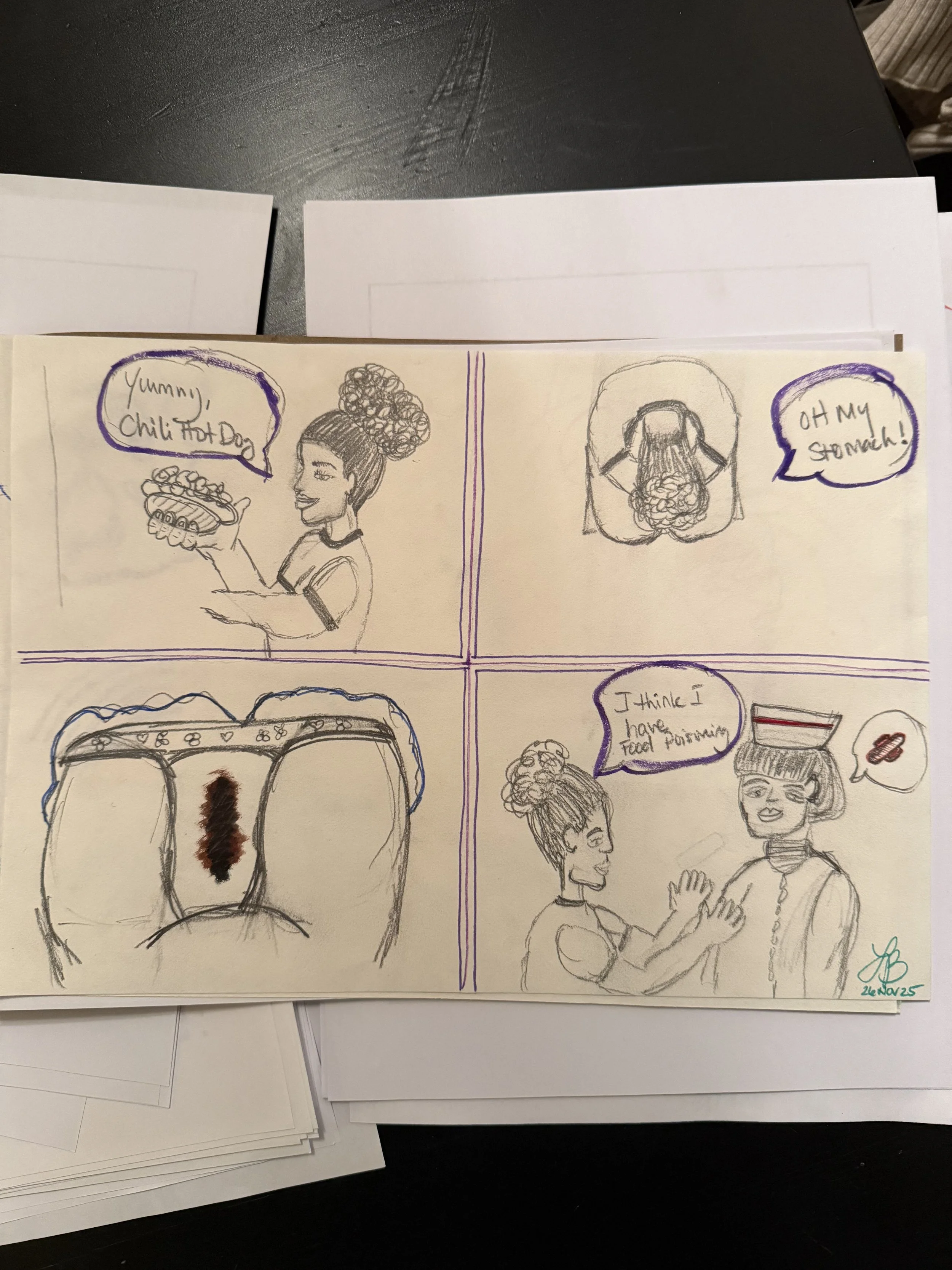 A collection of hand-drawn sketches on paper, including a woman holding food, a person with hands on their head, two women talking, and a pair of underwear with a stain. The sketches are in black ink with purple outlining, and there are speech bubble