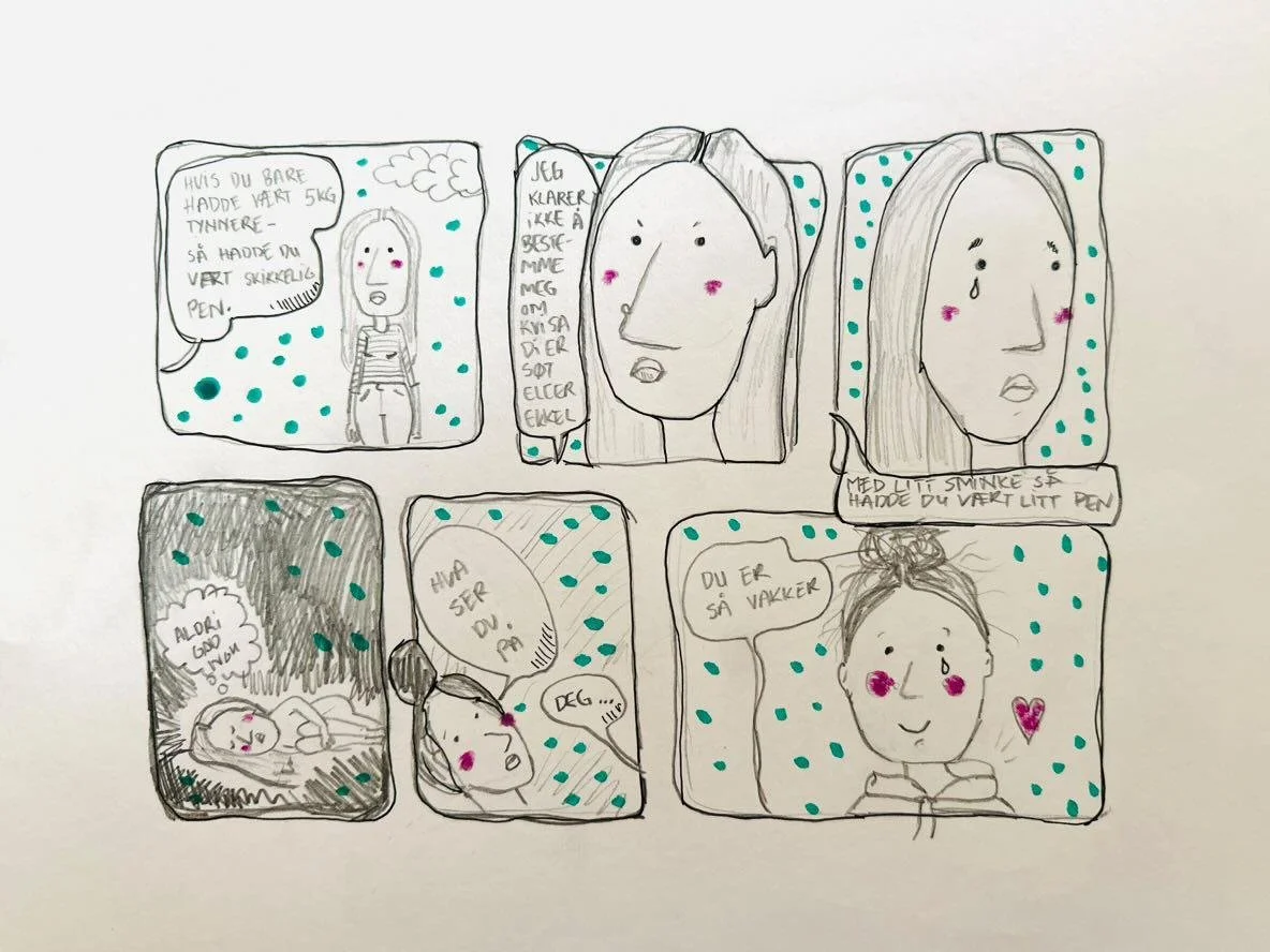 A hand-drawn comic strip with seven panels featuring a girl talking about her hair and feelings, with simple colored accents and handwritten text in Norwegian.