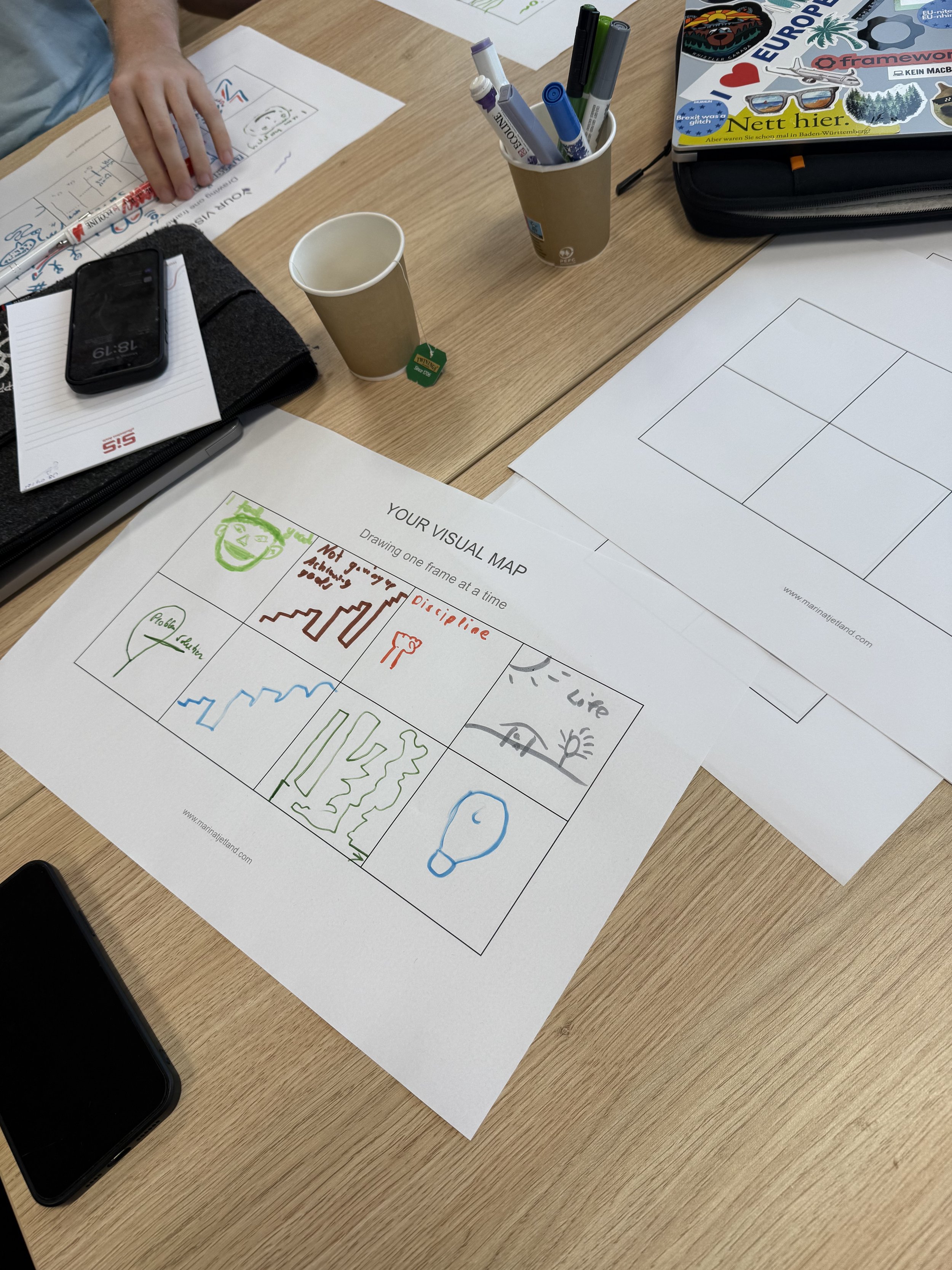 A table with drawings, papers, pens, a coffee cup, and a smartphone. One paper features a collage of colorful sketches and a note about drawing one frame at a time.