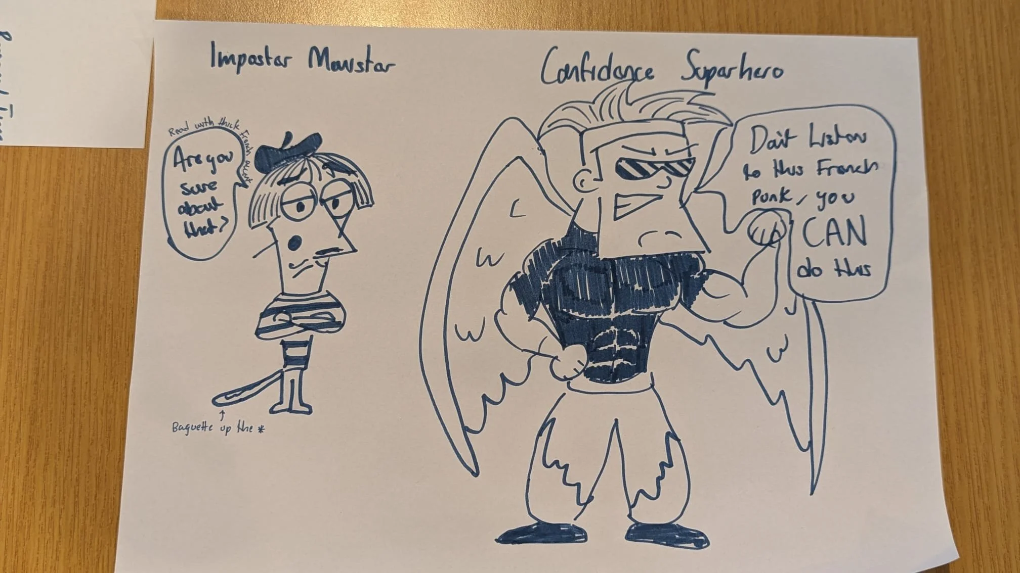 A hand-drawn cartoon illustration of three characters. The character on the left is a girl with glasses, a bow in her hair, a striped shirt, crossed arms, and a skeptical expression. The central character is a strong man with a beard, wearing sunglas