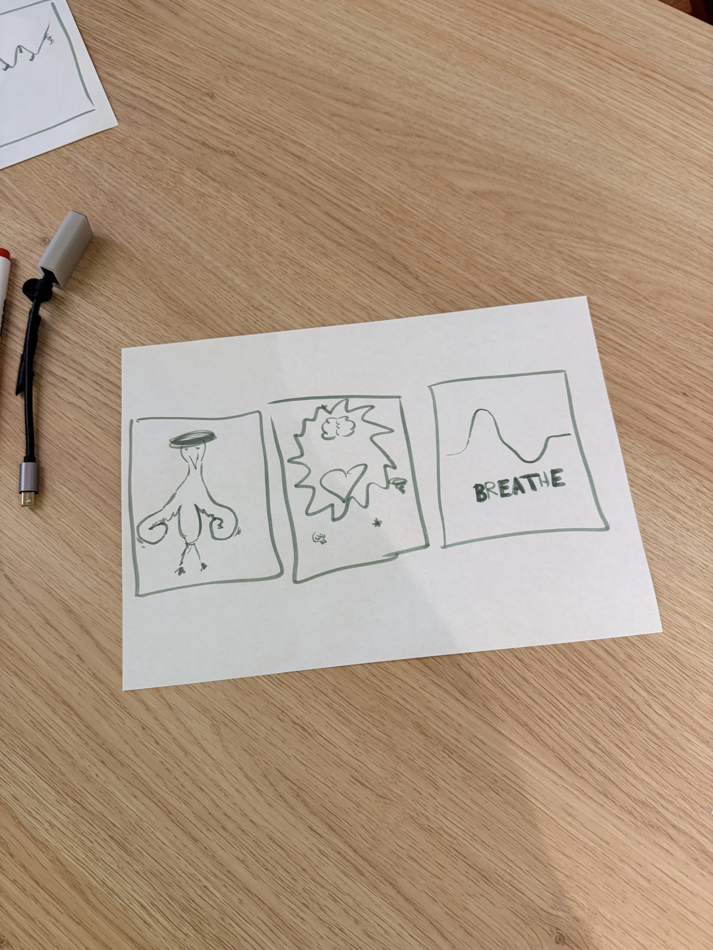 Hand-drawn sketches on white paper, featuring a brain, a heart with a star, a mountain, and the word 'BREATHE'.