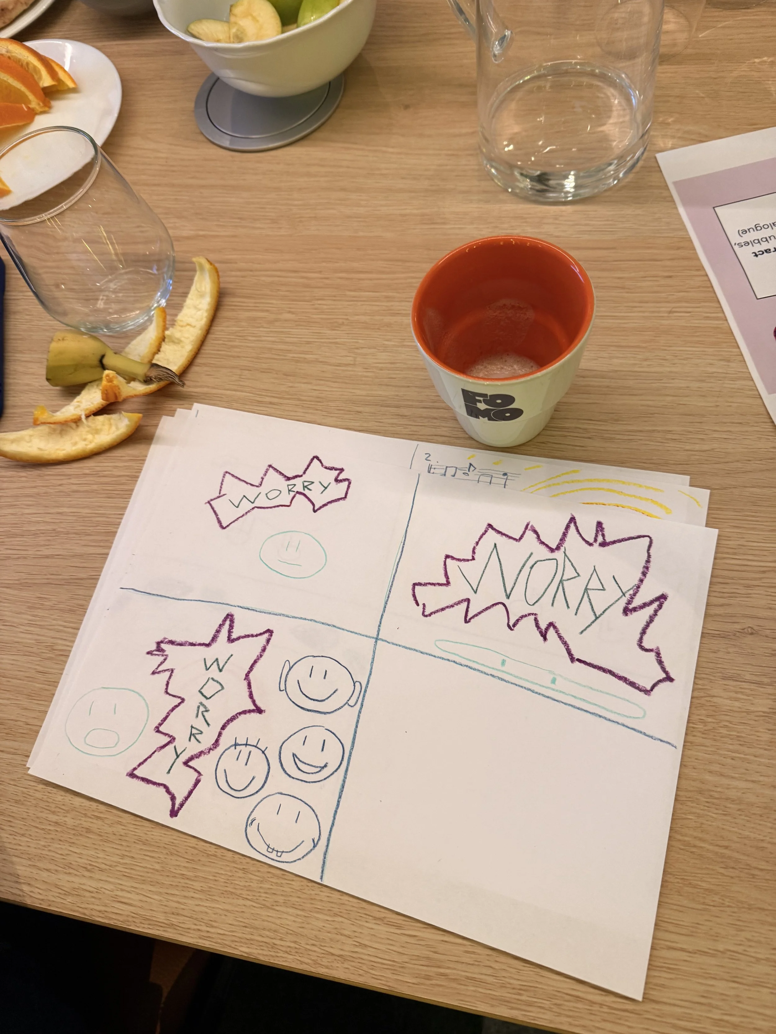 Two sheets of paper with hand-drawn colorful outlines of smiley faces and the words 'WORRY' and 'WORRY' in speech bubbles, placed on a wooden table next to some partially eaten citrus fruit peels, an empty cup, and a glass of water.