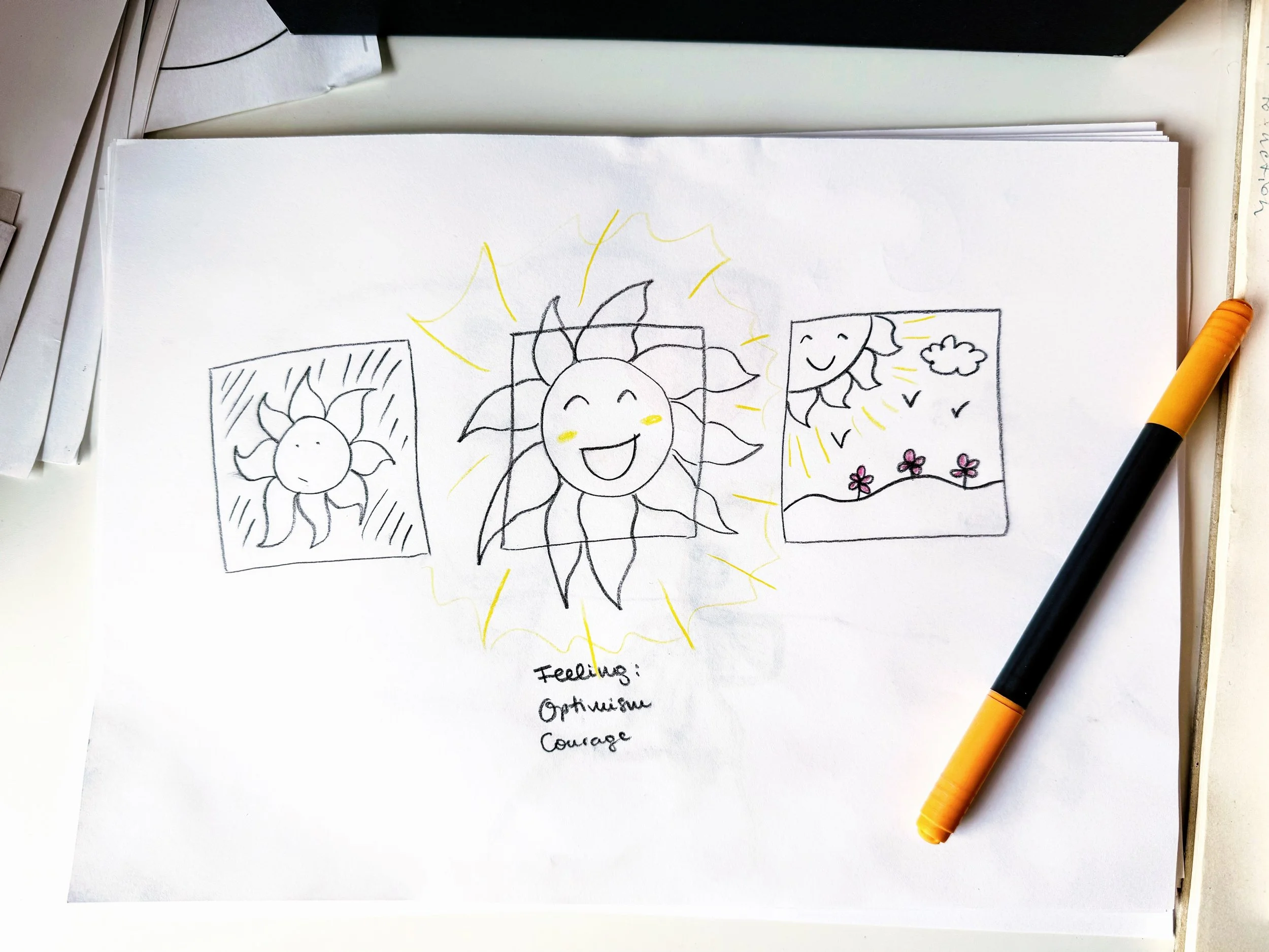 Sketches of smiling sun illustrations in three panels with notes underneath reading "Feeling:", "Optimism," and "Courage." An orange and black marker rests on a white surface near the drawings.