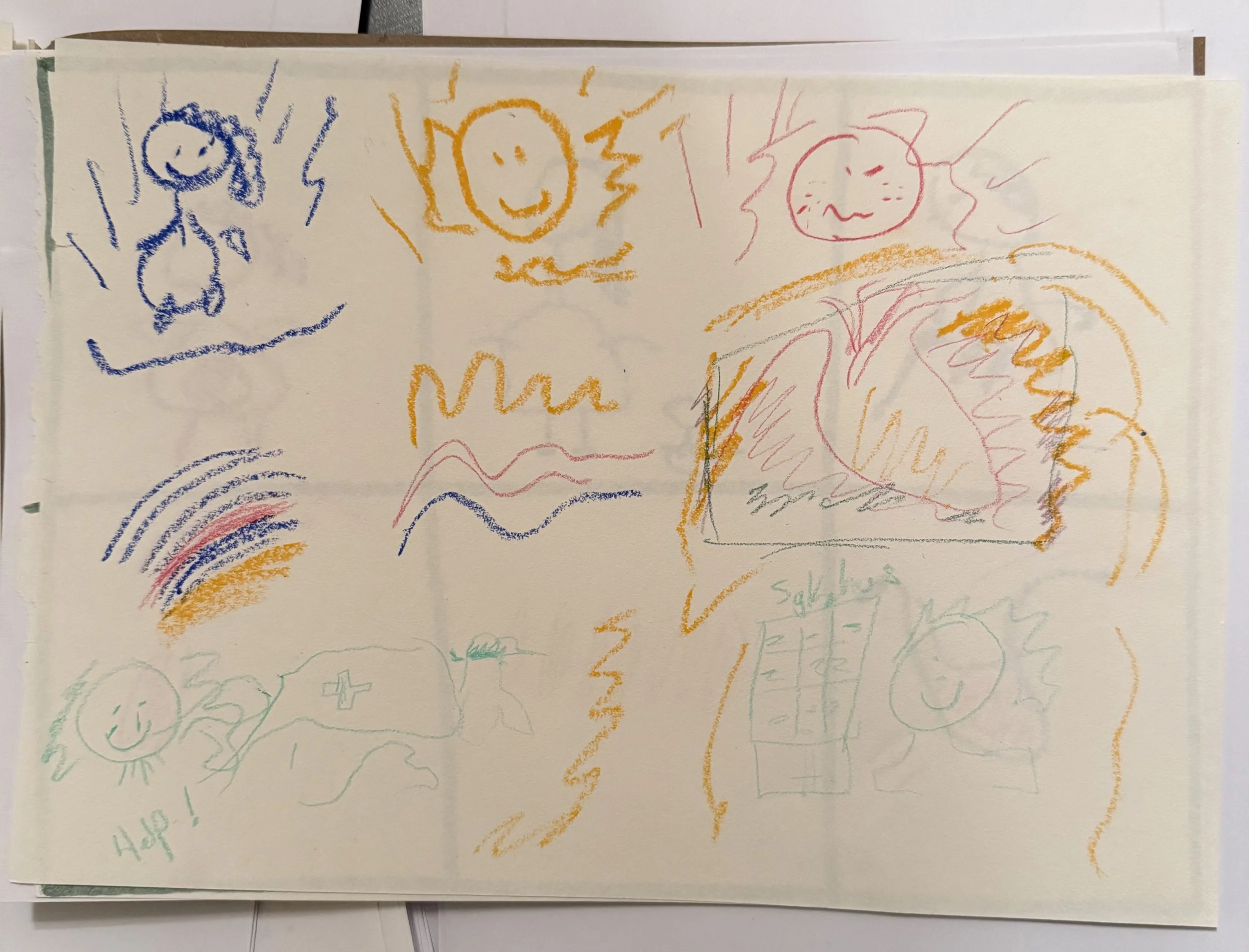 Colorful children's drawings on a piece of paper depicting a smiling girl with curly hair, a sun, a worried face, a rainbow, and some abstract shapes and scribbles.