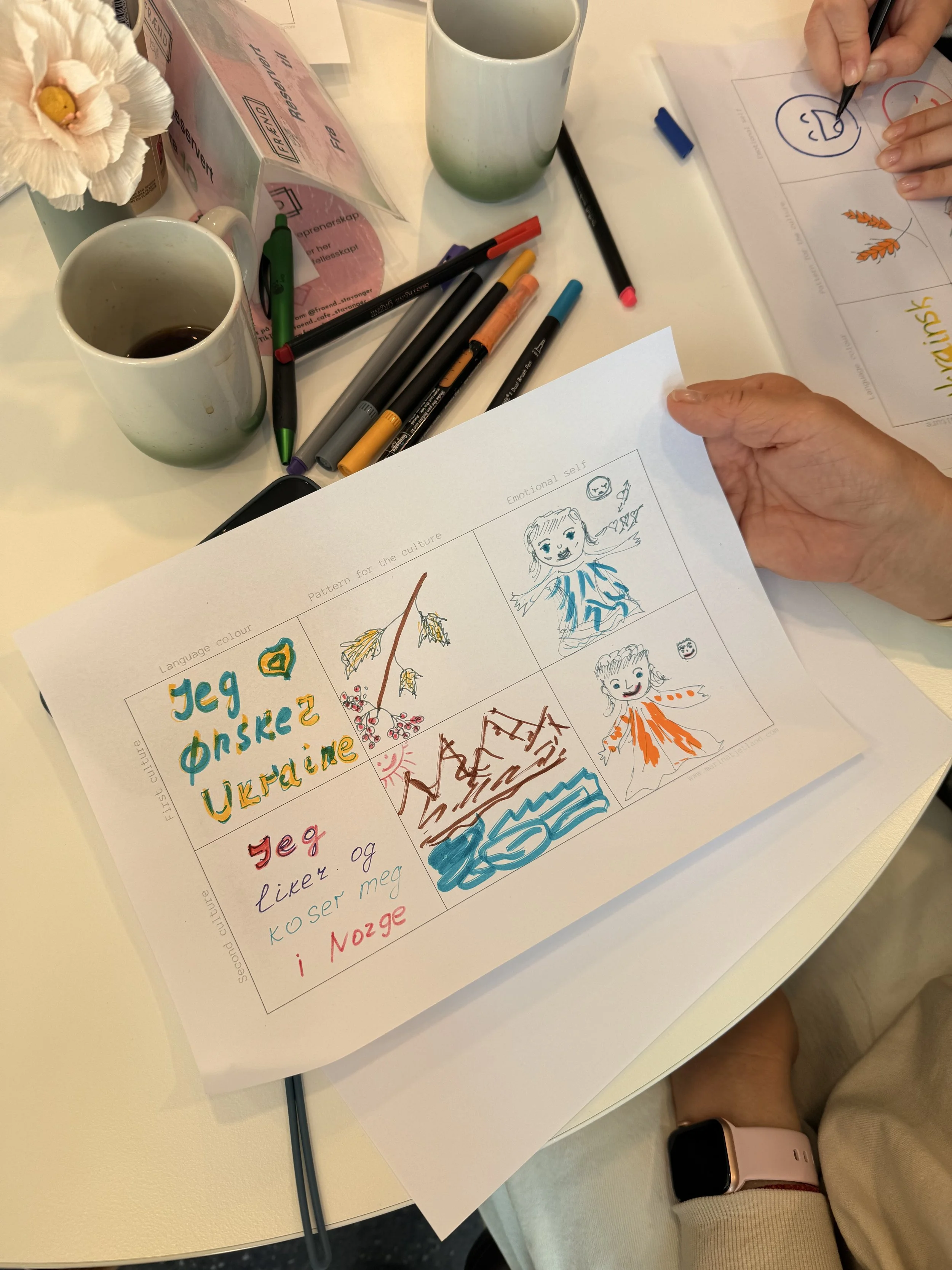 A person sitting at a table with colored markers, a white mug with a beverage, and a sheet of paper with drawings and text. The drawings include a girl in a blue dress, a girl in an orange dress, and other colorful illustrations. The person is holdin