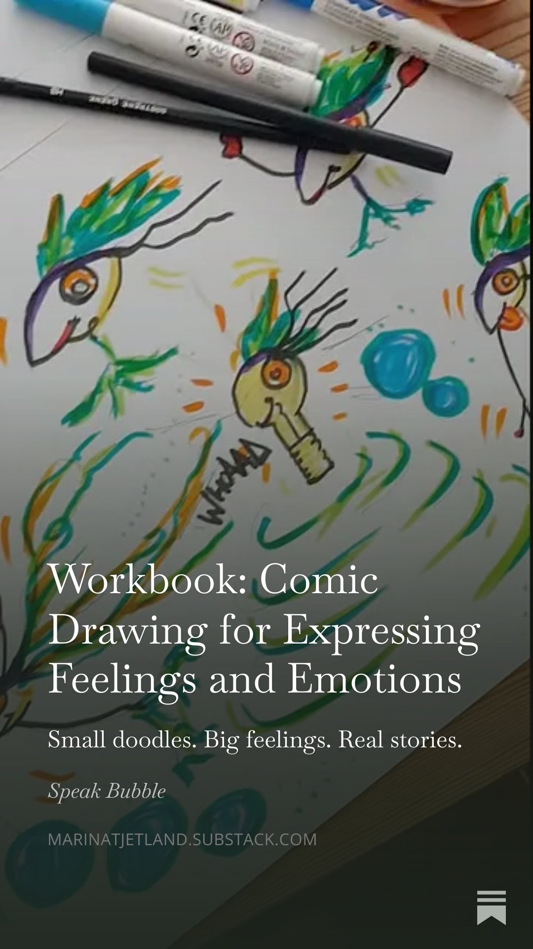 Colorful, hand-drawn comic illustrations of birds with exaggerated features and vibrant feathers on white paper, with various markers and pens scattered above. The drawing is lively and expressive, capturing strong emotions and dynamic movement.