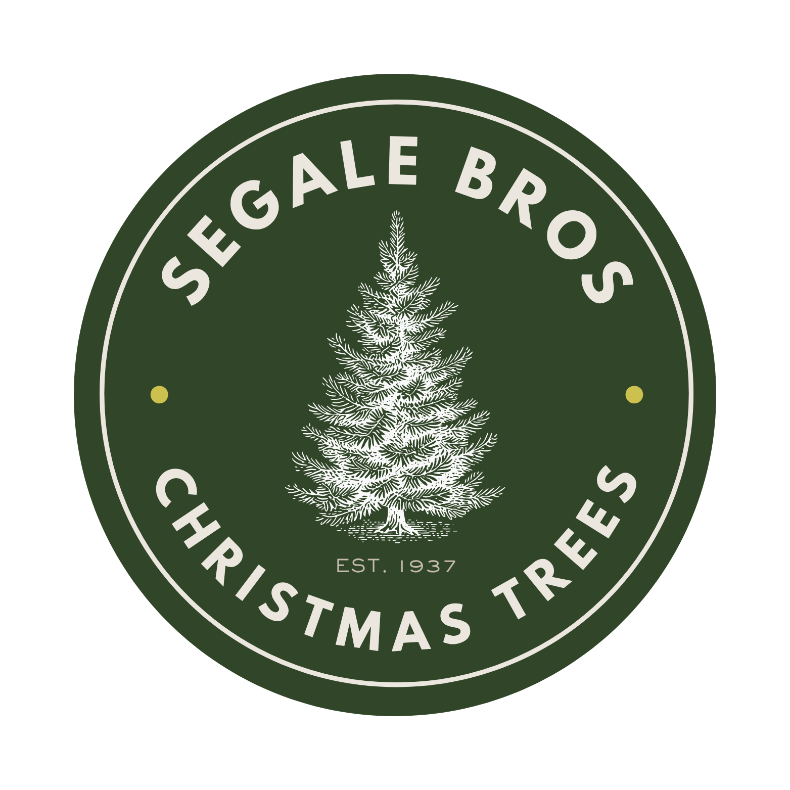 Green circular logo with a white Christmas tree in the center. Text around the circle reads 'Seal Ge Bags', 'Christmas Trees', and 'Established 1937'.
