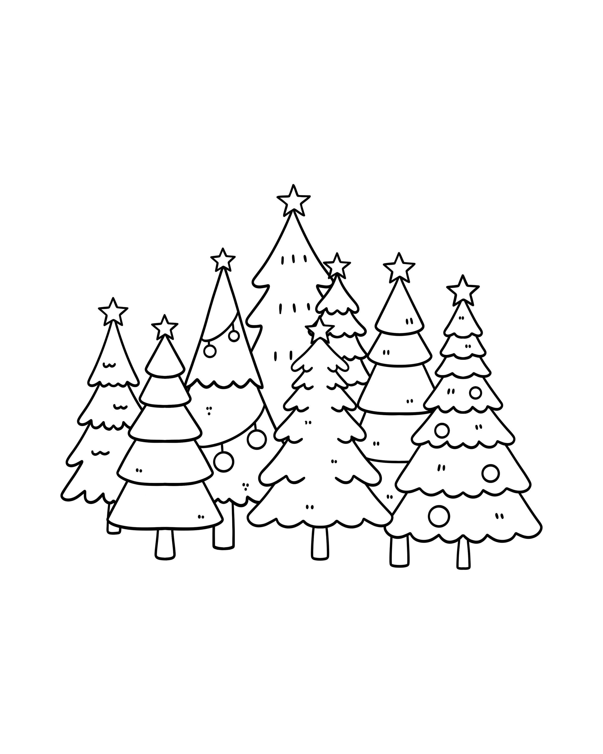 Black and white illustration of Christmas trees with stars on top.