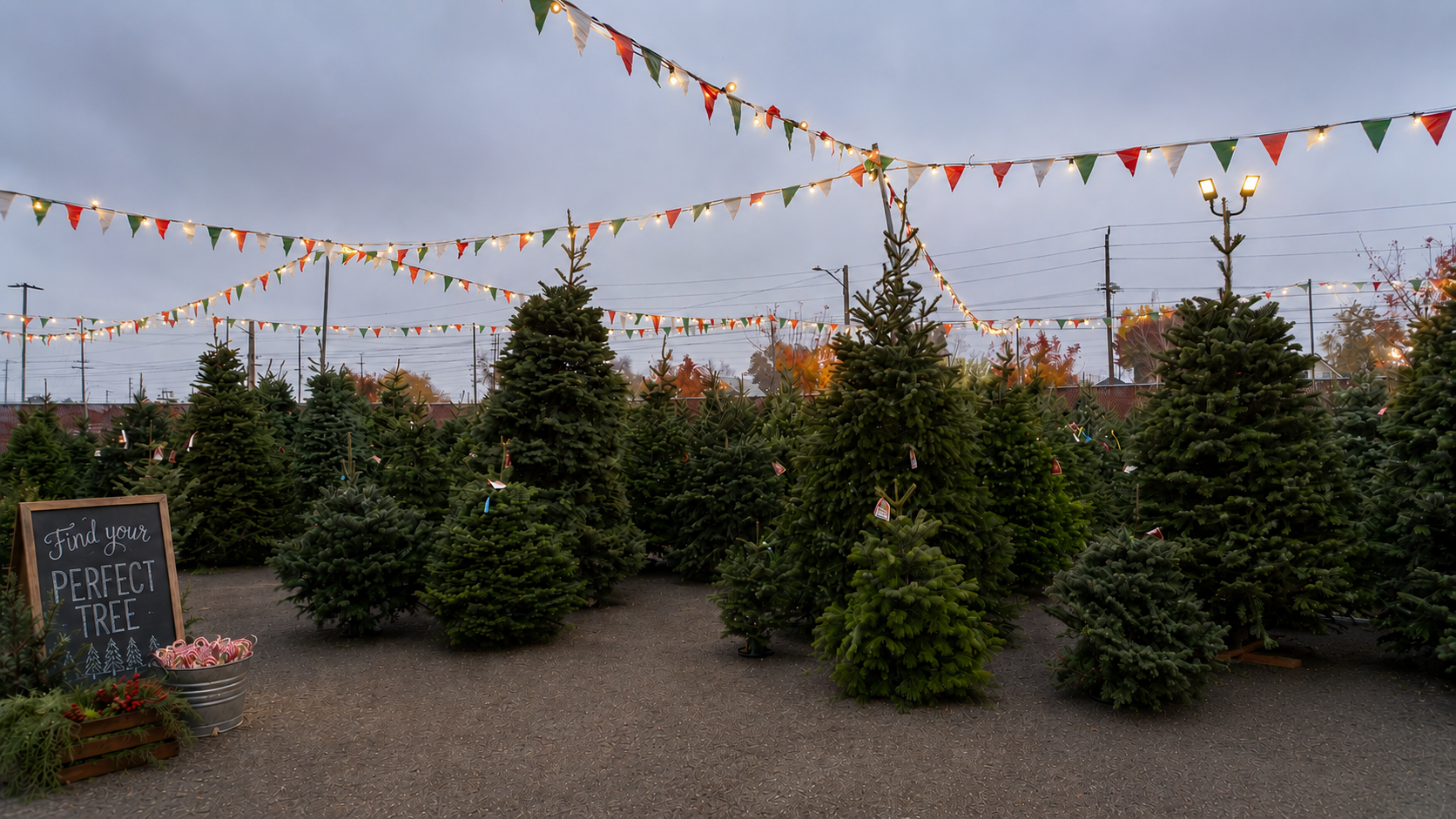A Christmas tree lot  located in Lodi, CA with multiple fresh cut christmas trees decorated with tags and ornaments, festive string lights and bunting overhead, a chalkboard sign reading 'Find your perfect tree,' and candy canes in a bucket.