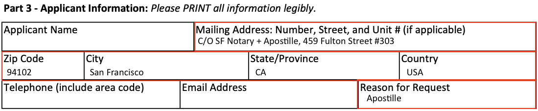 "Applicant Information" section of the CDPH Alameda County death certificate copy request form with SF Notary's mailing address filled in
