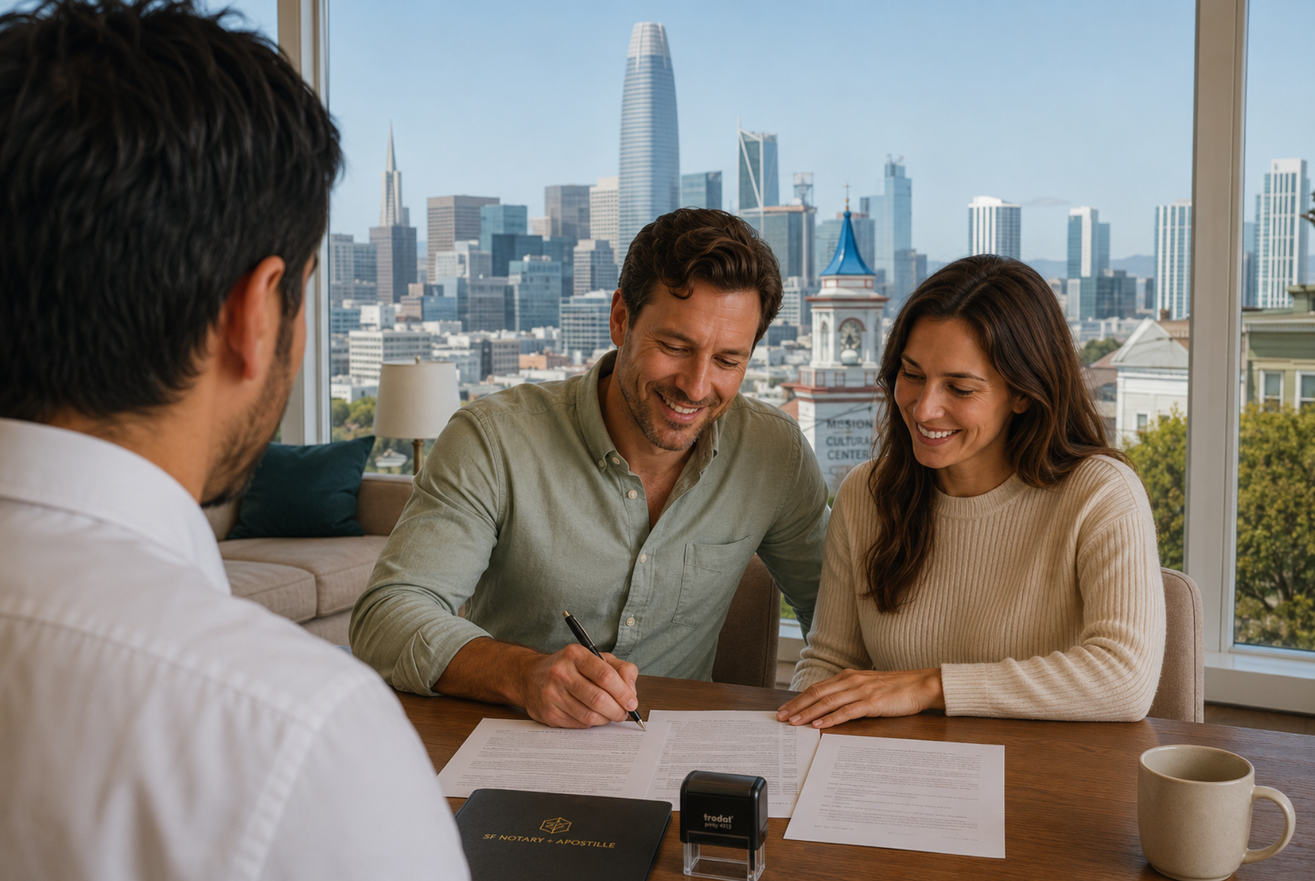 Couple signing estate planning documents with a mobile notary in San Francisco.