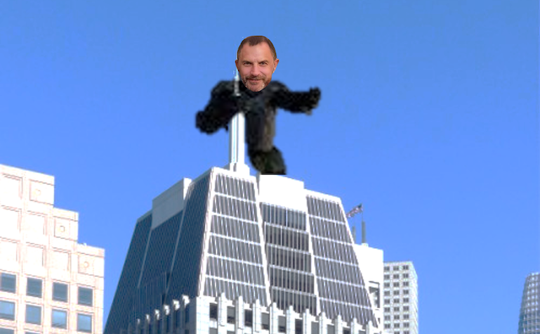 John Cavalli of SF Notary + Apostille as King Kong on top of 505 Montgomery