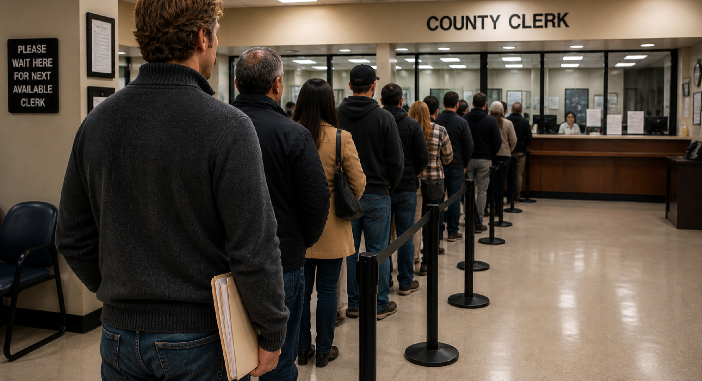 People standing in line at the county clerk's office behind a black queue barrier.