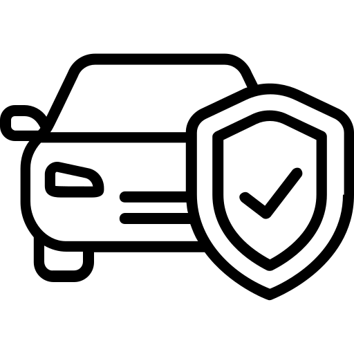 A black and white icon of a car with a shield.