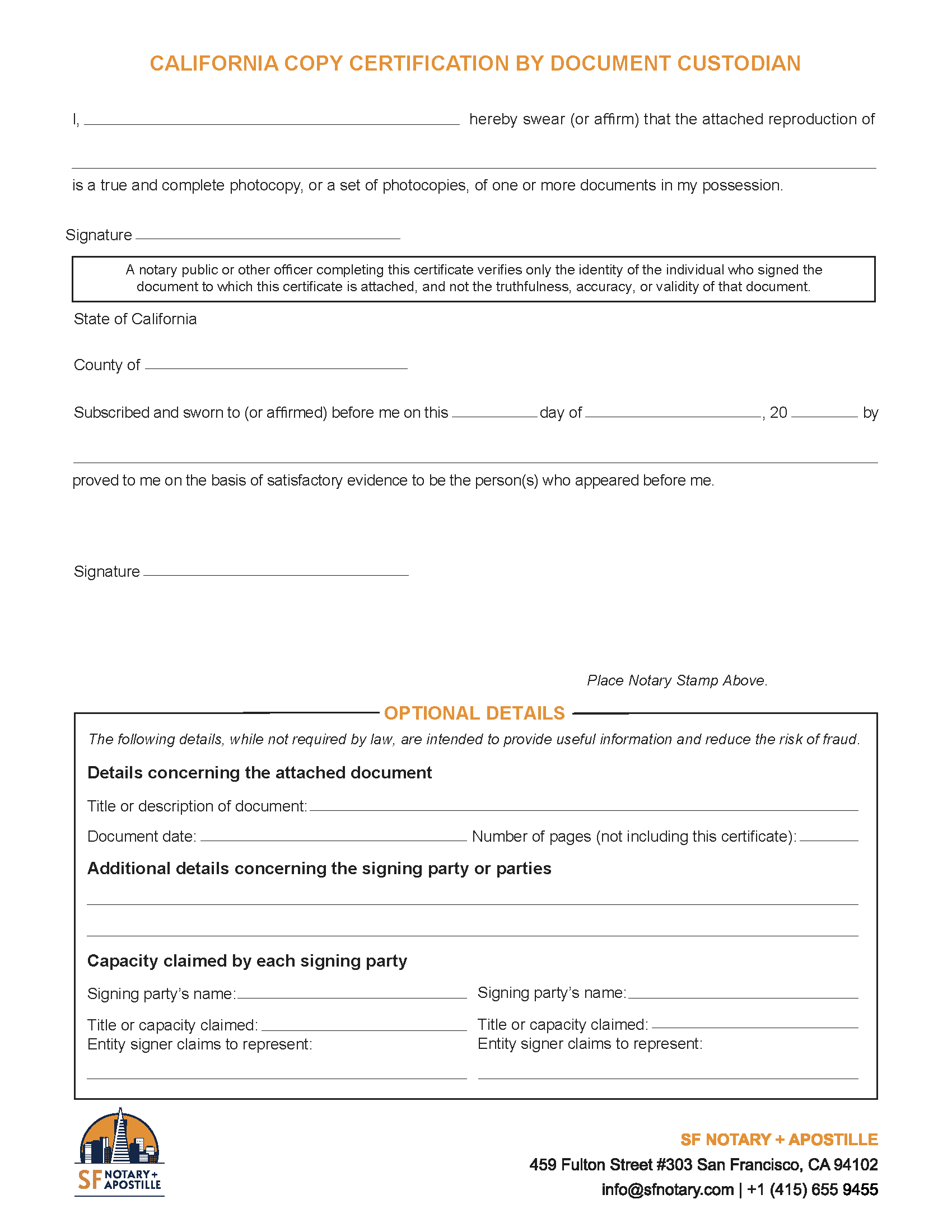 California Copy Certification by Document Custodian