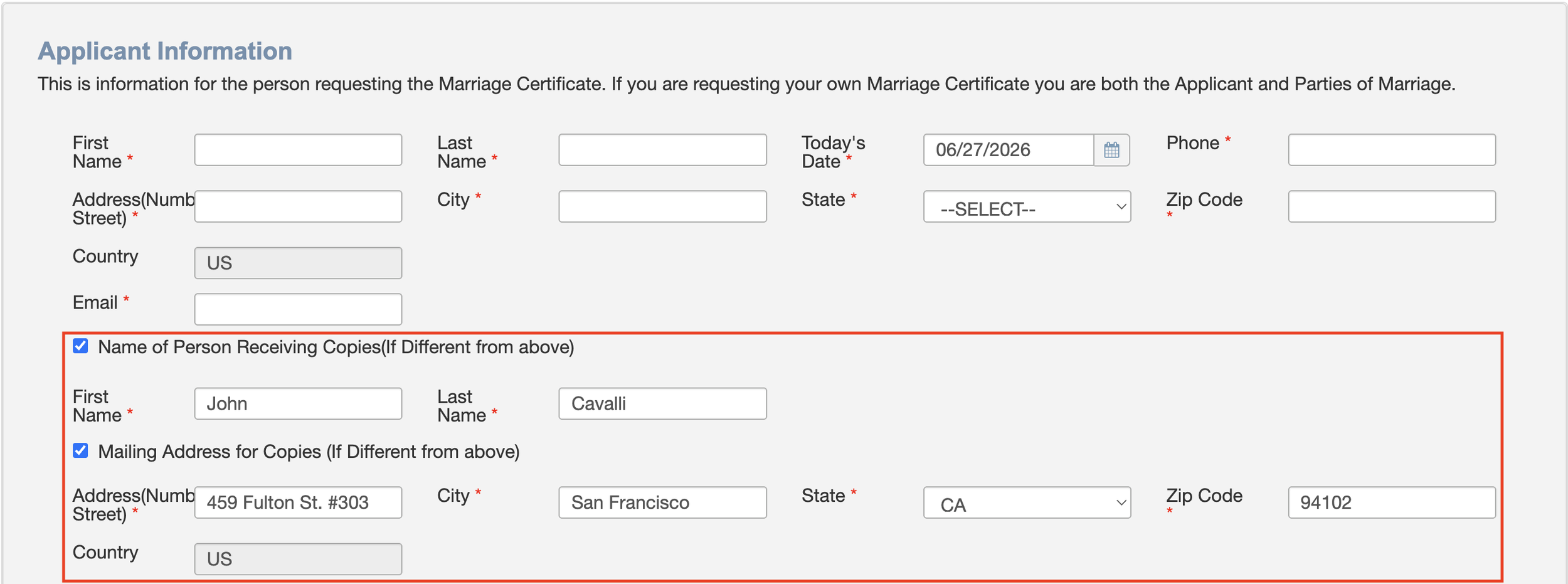Online application for SF marriage certificate copy with SF Notary's address filled in