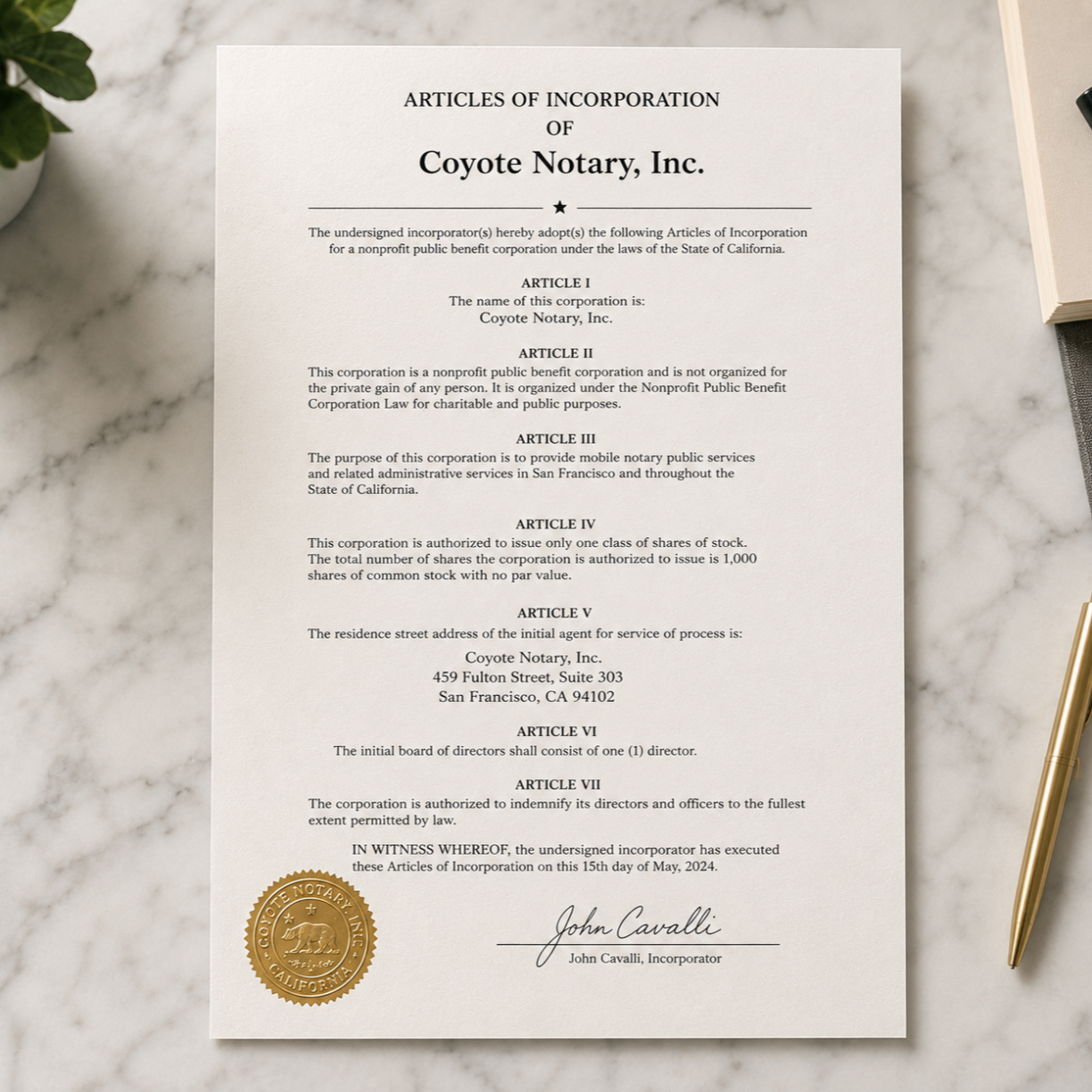 Sample CA Articles of Incorporation, representing a link to the Articles of IncorporationApostille page