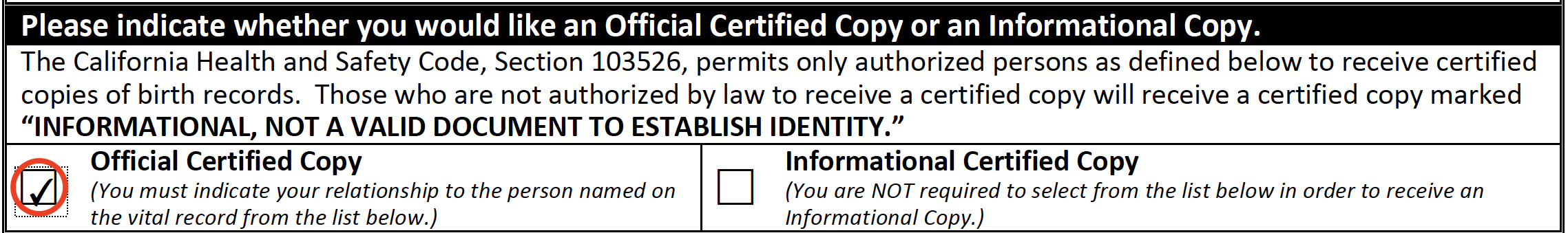 Application for a copy of a San Mateo County birth certificate, with "Official Certified Copy" selected