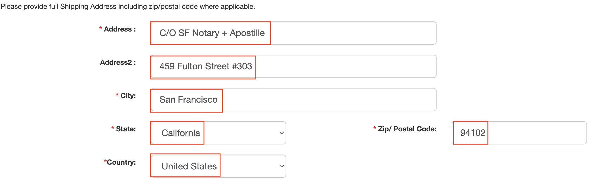 Online order form for a certified copy of an Alameda County marriage certificate, with SF Notary's address filled in