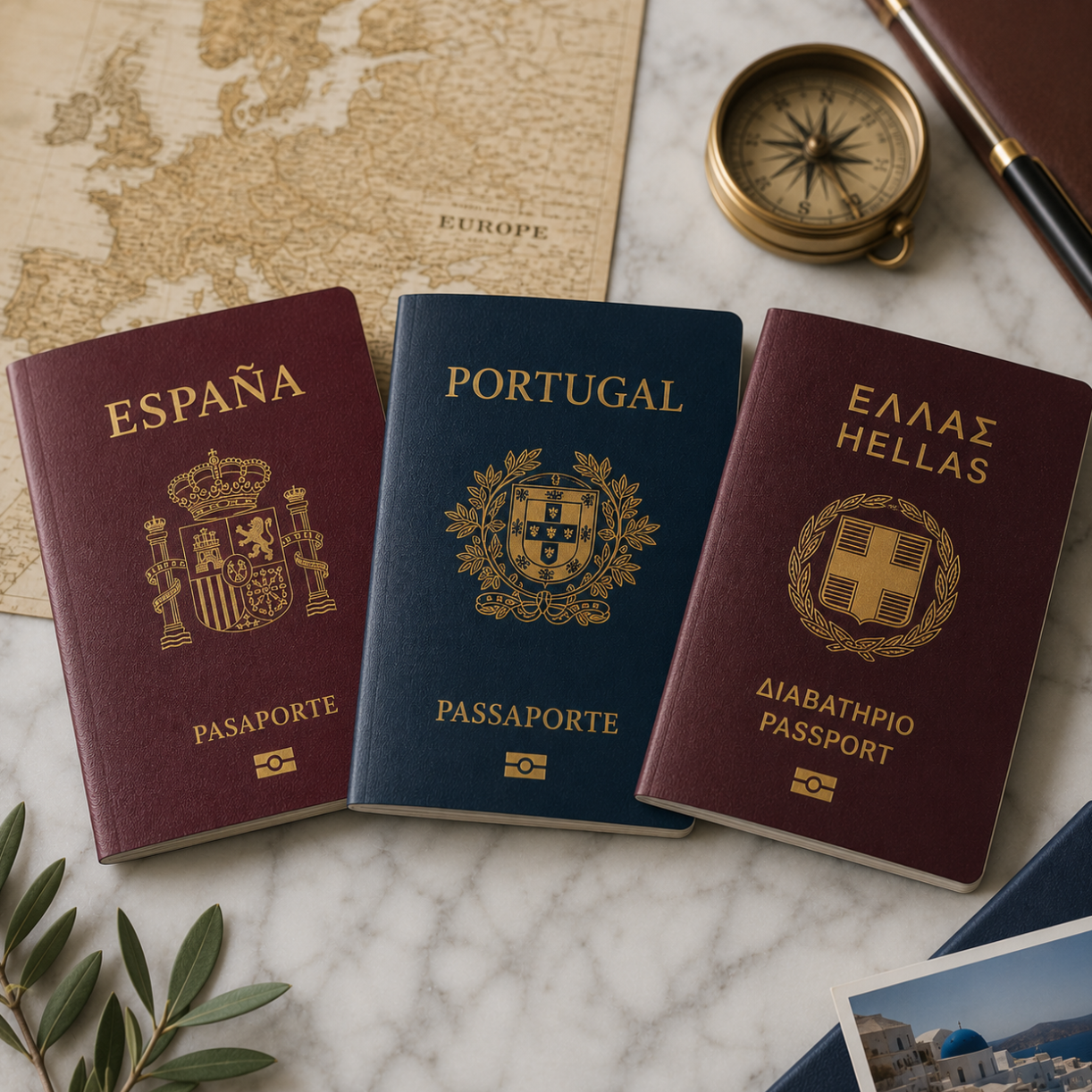 Passports from Spain, Portugal, and Greece, representing a link to the Golden Visa Apostille page