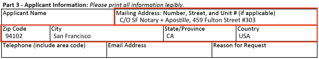 "Applicant Information" section of the CDPH birth certificate application with SF Notary's address filled in