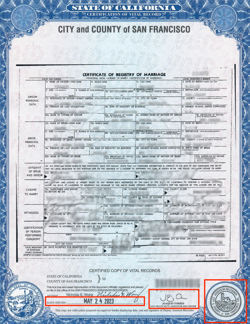 Sample of a CA marriage certificate with current security features circled