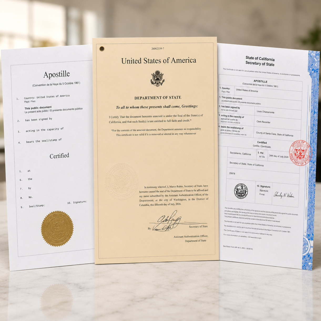 Various types of apostille certificates, representing a link to the Apostille FAQs page