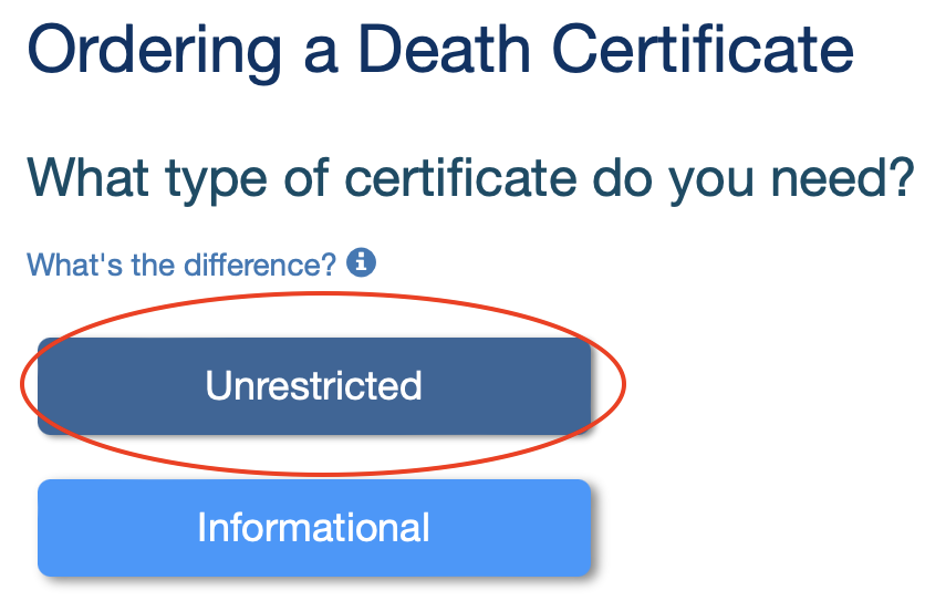 Screenshot of Alameda County's death certificate order form with "Unrestricted" circled