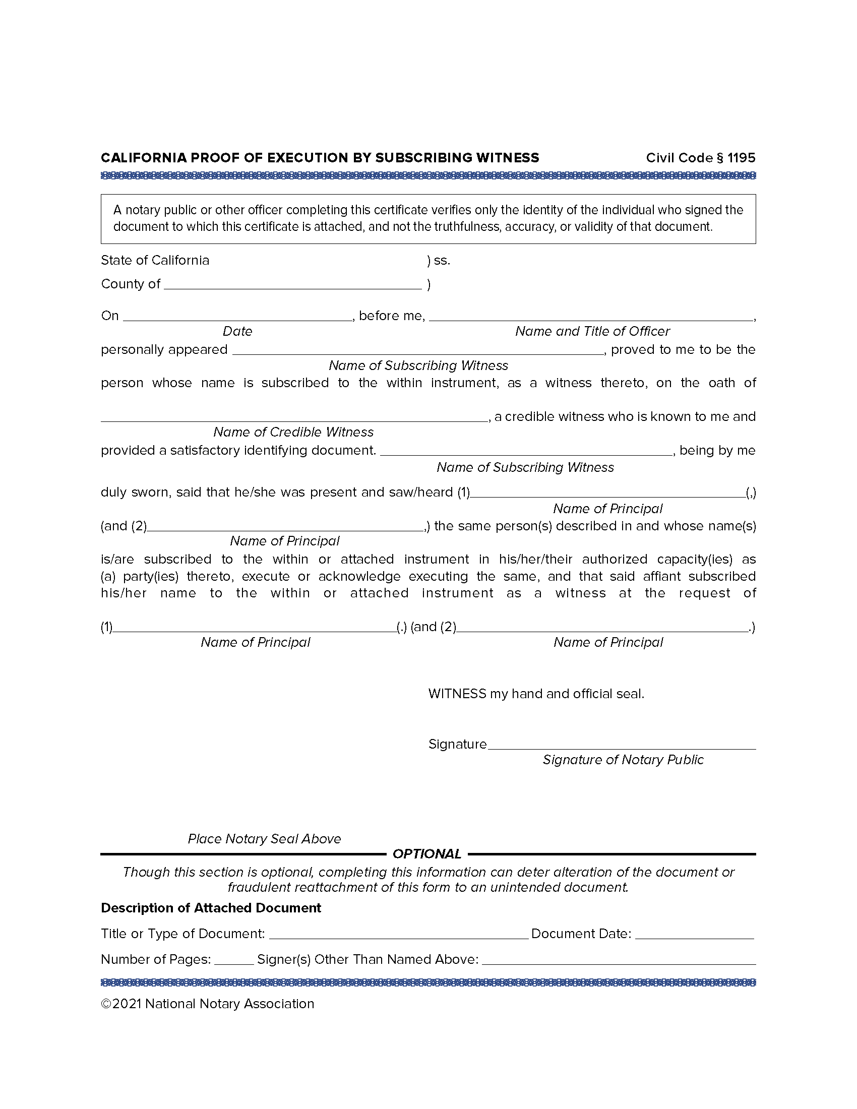 California Proof of Execution by Subscribing Witness