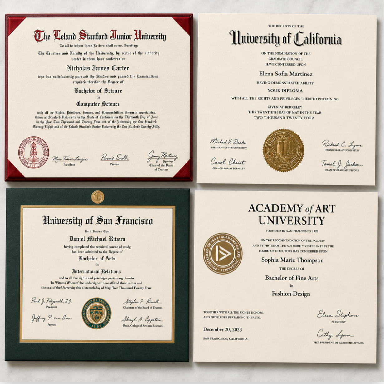 Various types oDiplomas from various SF Bay Area universities, representing a link to the Diploma/Transcript Apostille page