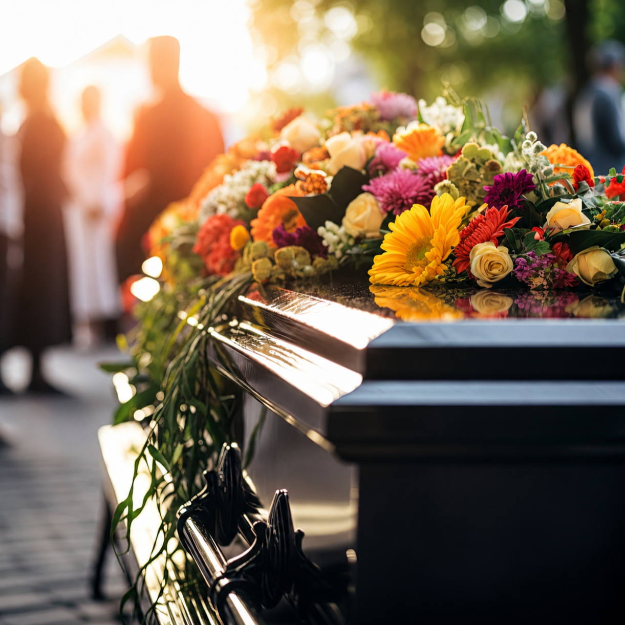 Casket covered in flowers, representing a link to the Death Certificate Apostille page