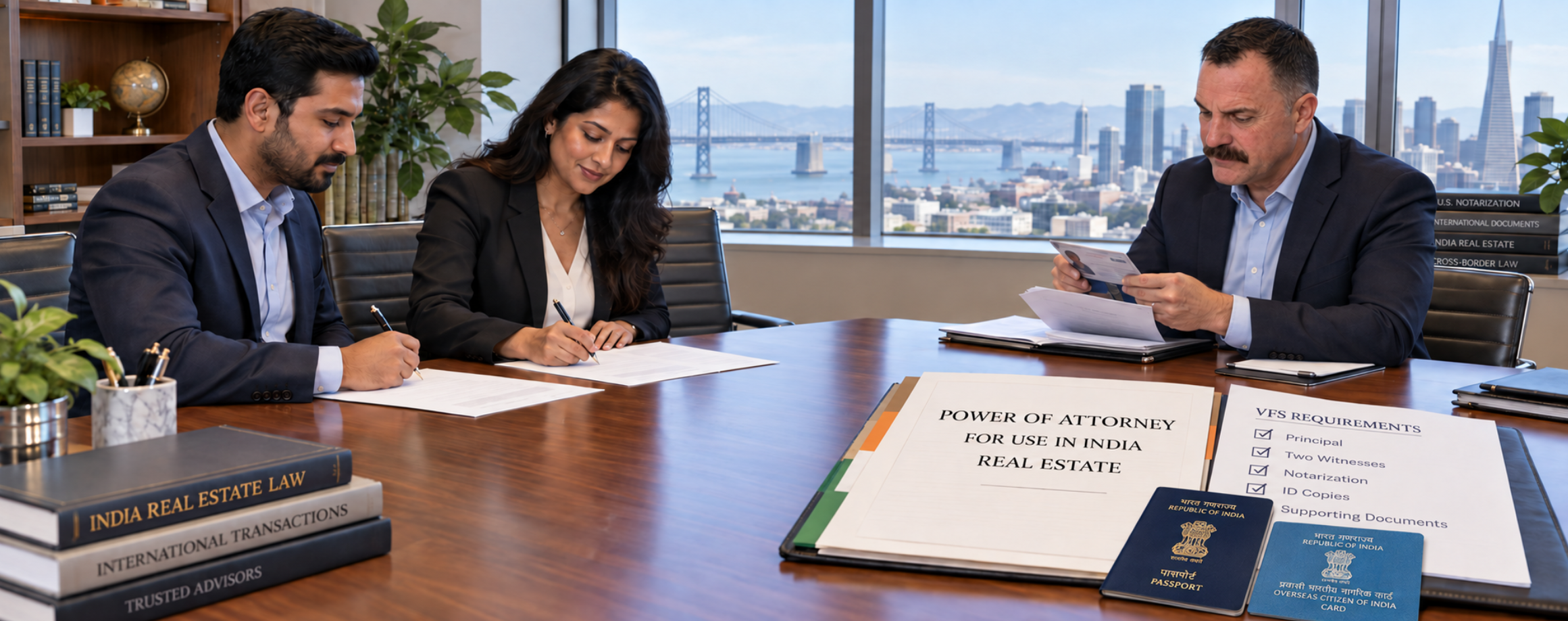 Indian couple signing a power of attorney for Indian real estate with a California notary, Indian passport, OCI card, and VFS requirements